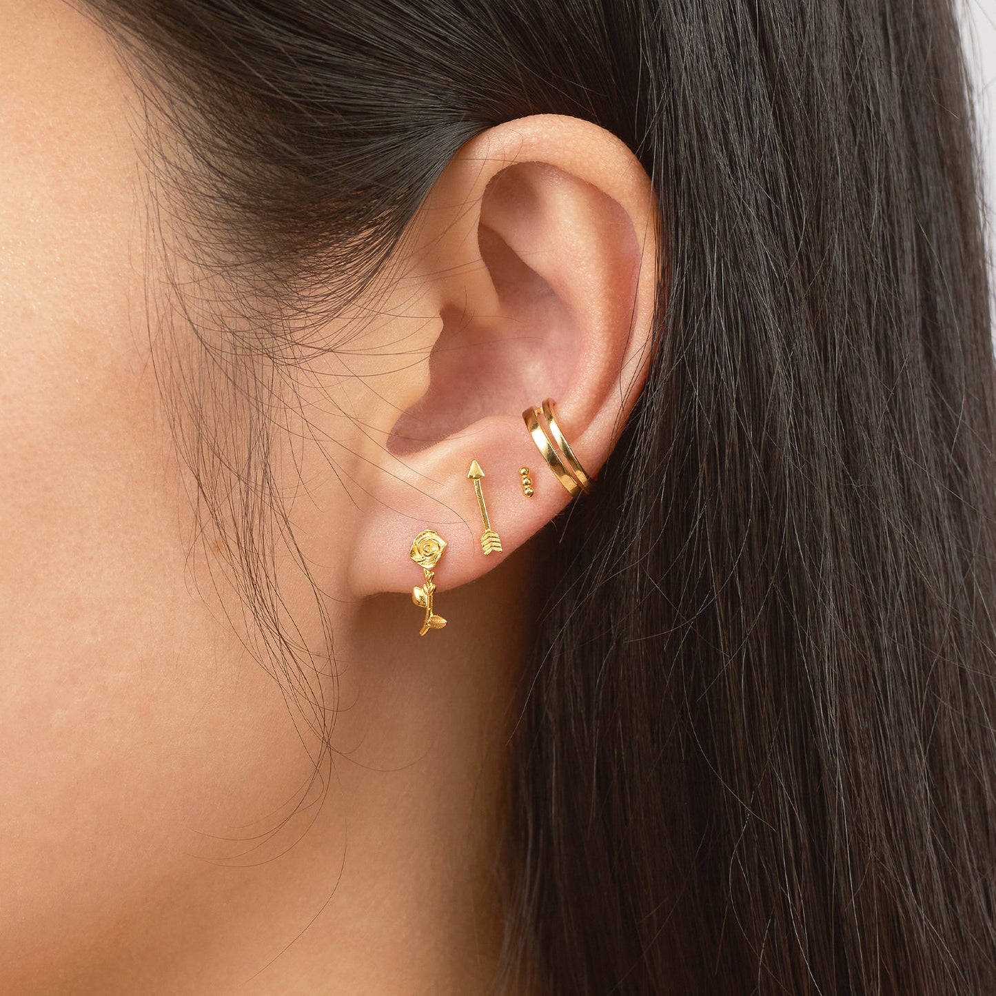 Gold Ball Spheres Bar Cartilage Petite Tri Dots Bead Bar Stud Earrings by Doviana
