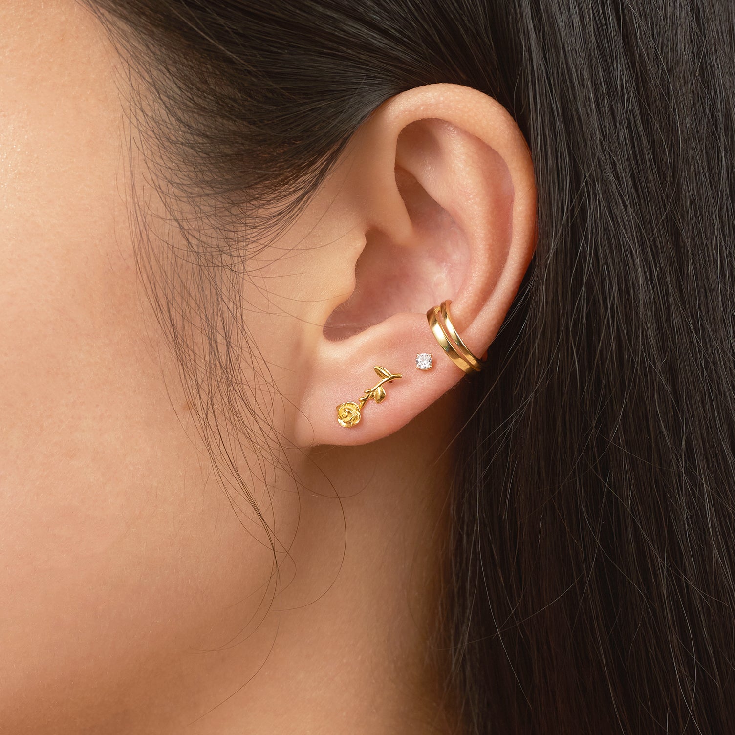 Gold Rose Stud Earrings Carved Floral Plant Vivid Flower Studs by Doviana