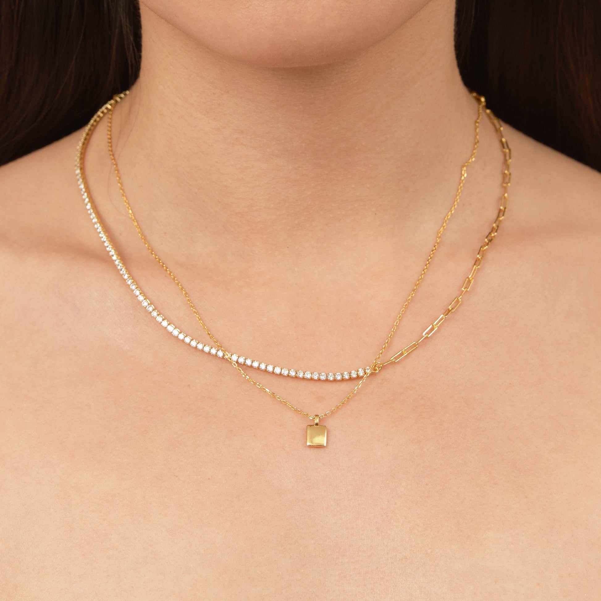 Classic Gold Cube Thick Square Tag Necklace with Thin Cable Chain by Doviana