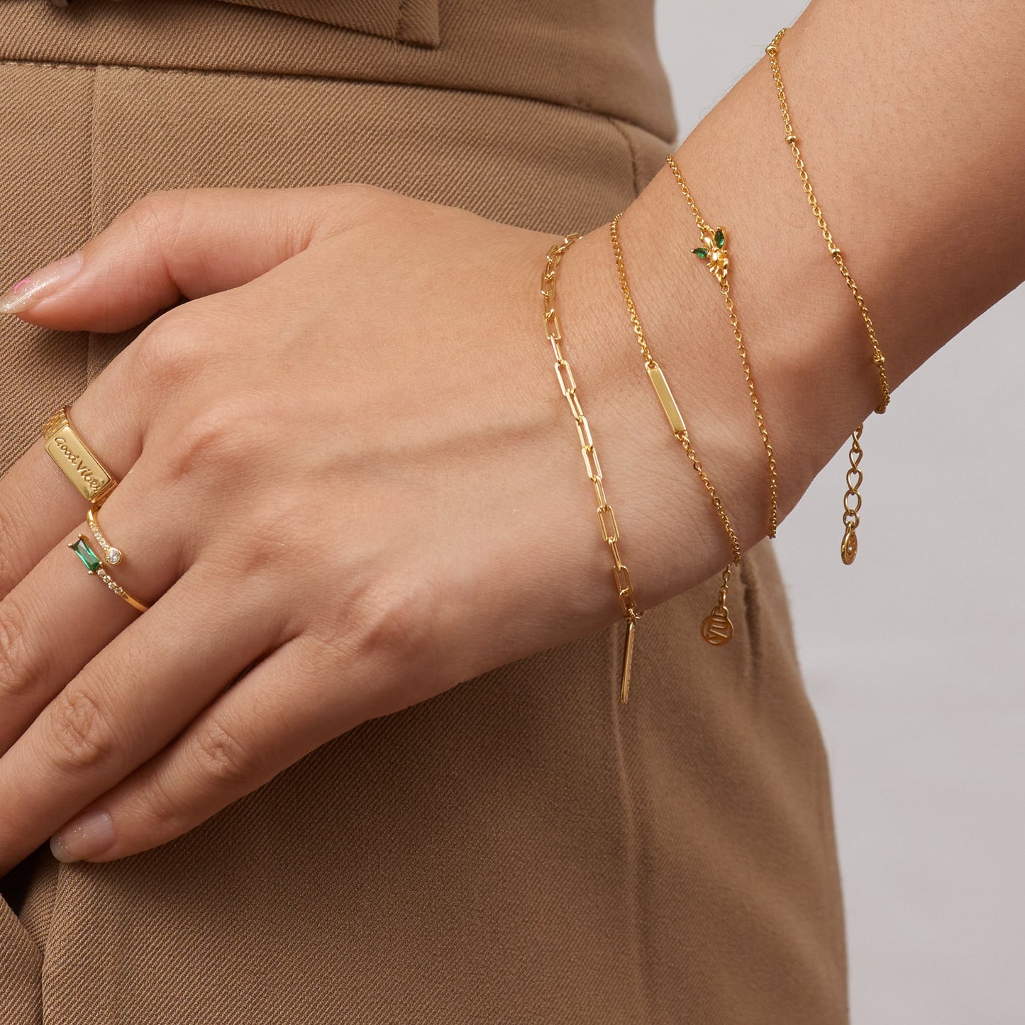 Dainty Bee Bracelet with Green Stone