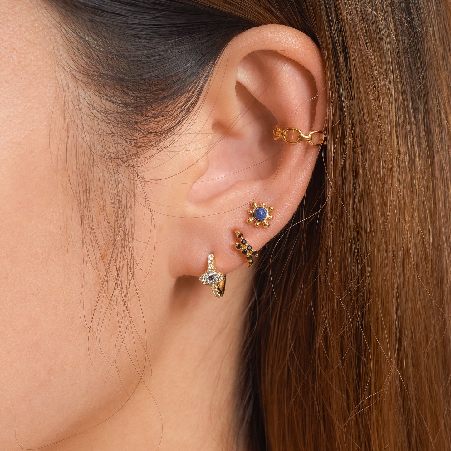 Mini Blue Eyes Gold Enlightened Spirit Tiny CZ Evil Eye Huggie Hoop Earrings by Doviana