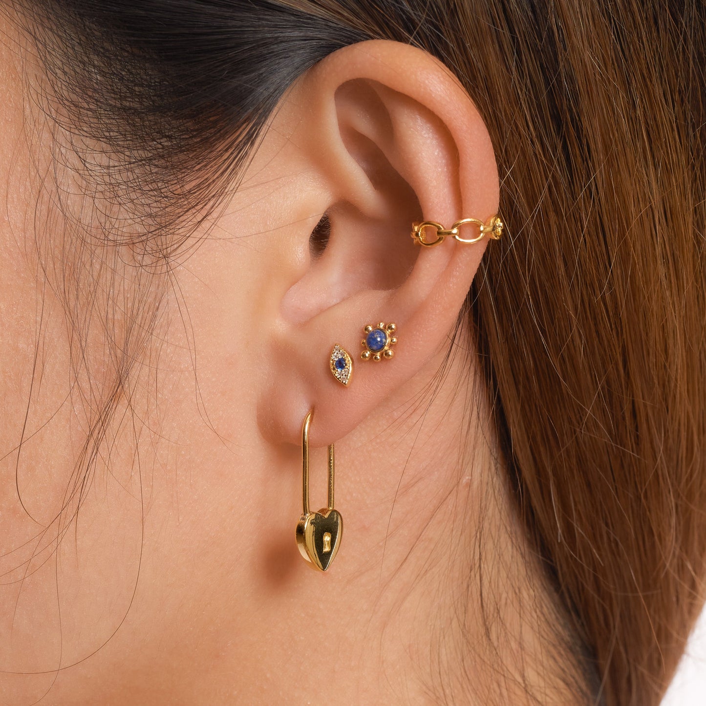 Love Lock 18K Gold High Polished Pin Drop Heart Safety Pin Earrings by Doviana