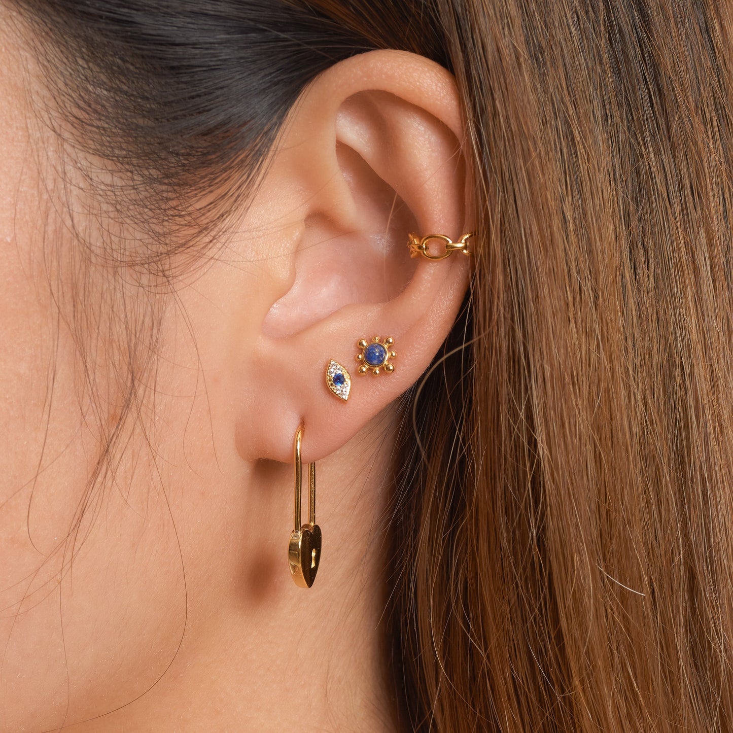 Tiny Gemstone Blue Evil Eye Studs Gold Petite Eye Stud Earrings with butterfly back by Doviana