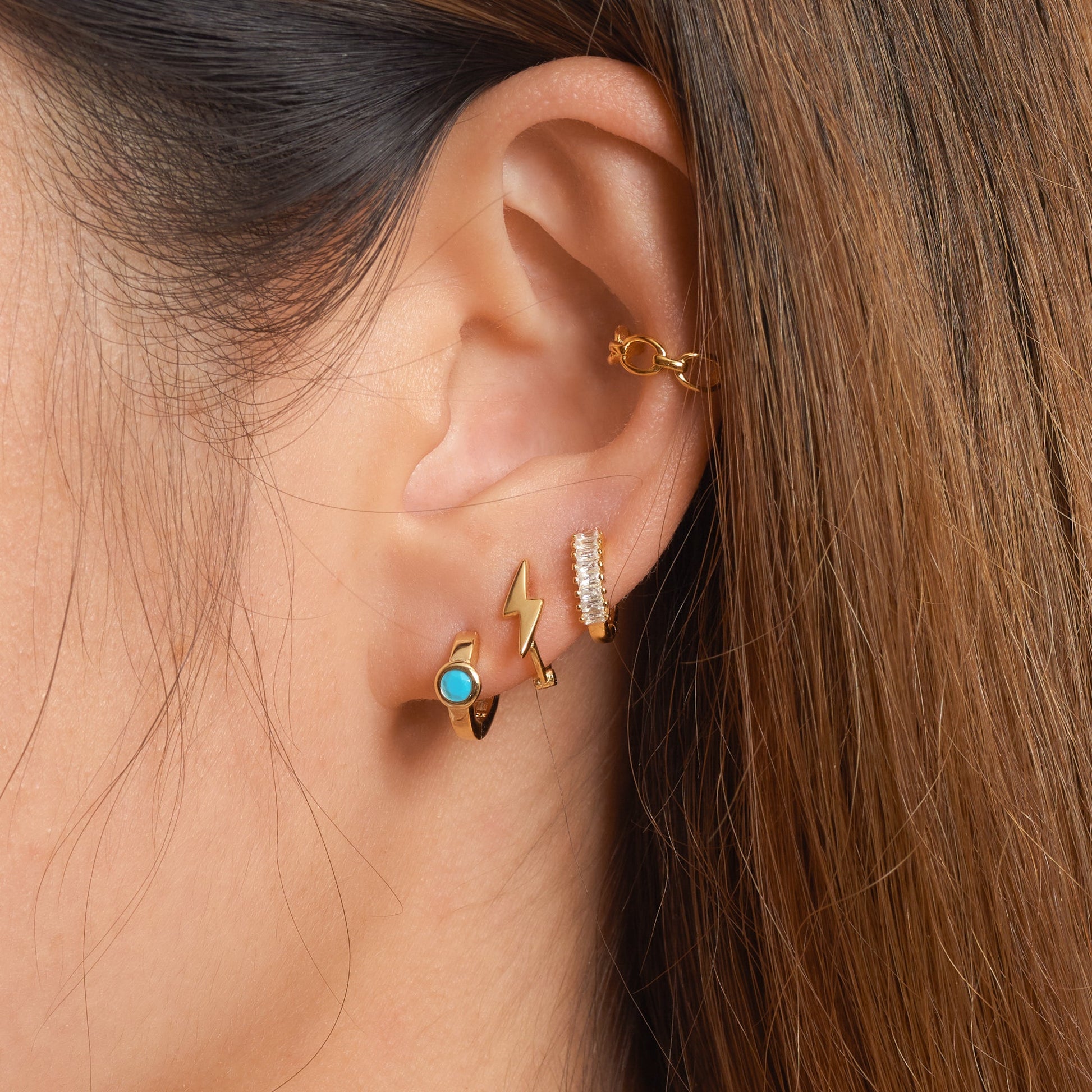 Cyan Aqua Petite Gold Boho Huggie Blue Round Turquoise Hoop Earrings by Doviana