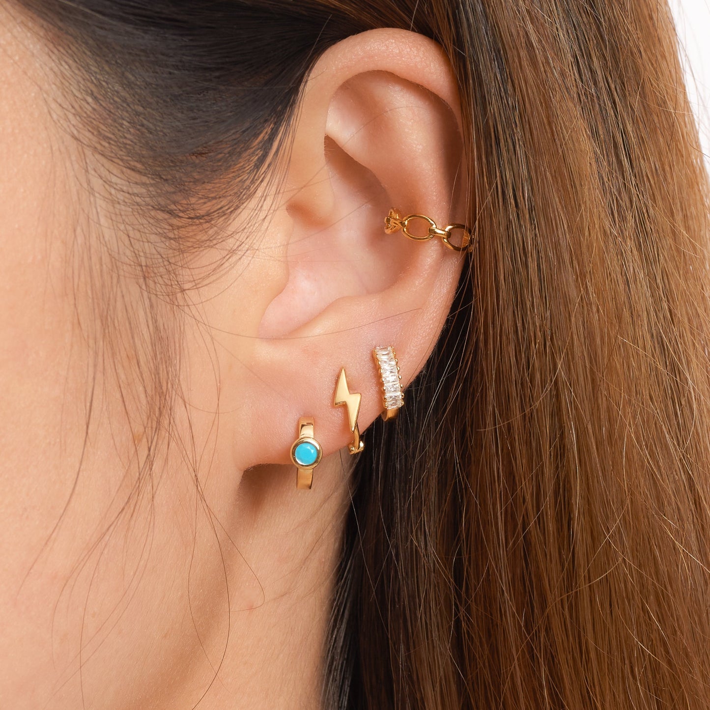 Cyan Aqua Petite Gold Boho Huggie Blue Round Turquoise Hoop Earrings by Doviana