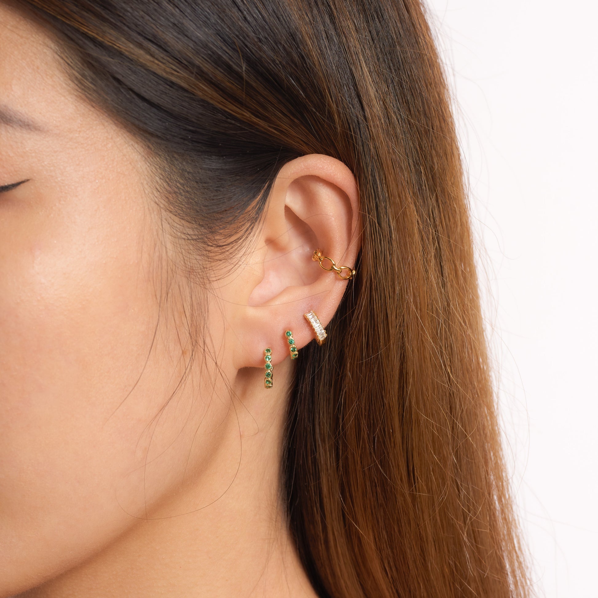 Emerald Green Beaded Gold CZ Huggie Hoops Earrings Size 12mm for Daily Wear by Doviana