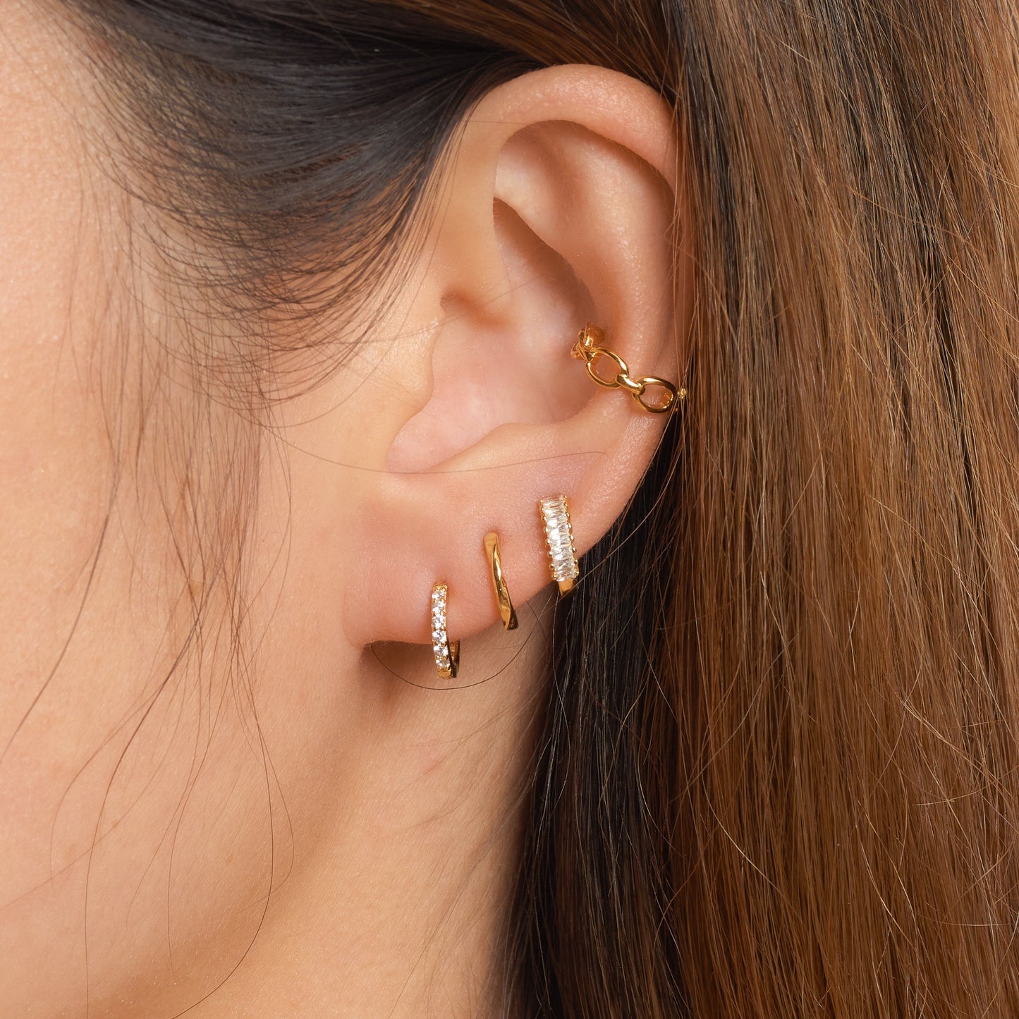 Dainty White Zircon Huggie Hoops Petite 18K Gold CZ Pave Earrings Doviana