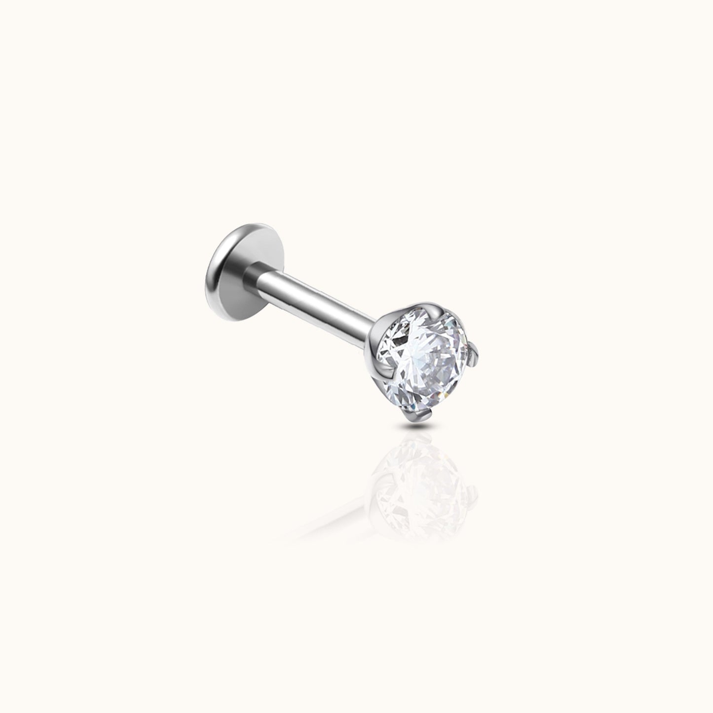 Classic White CZ 3mm Silver Color Threadless Labret Titanium Flat Back Nap Earring by Doviana
