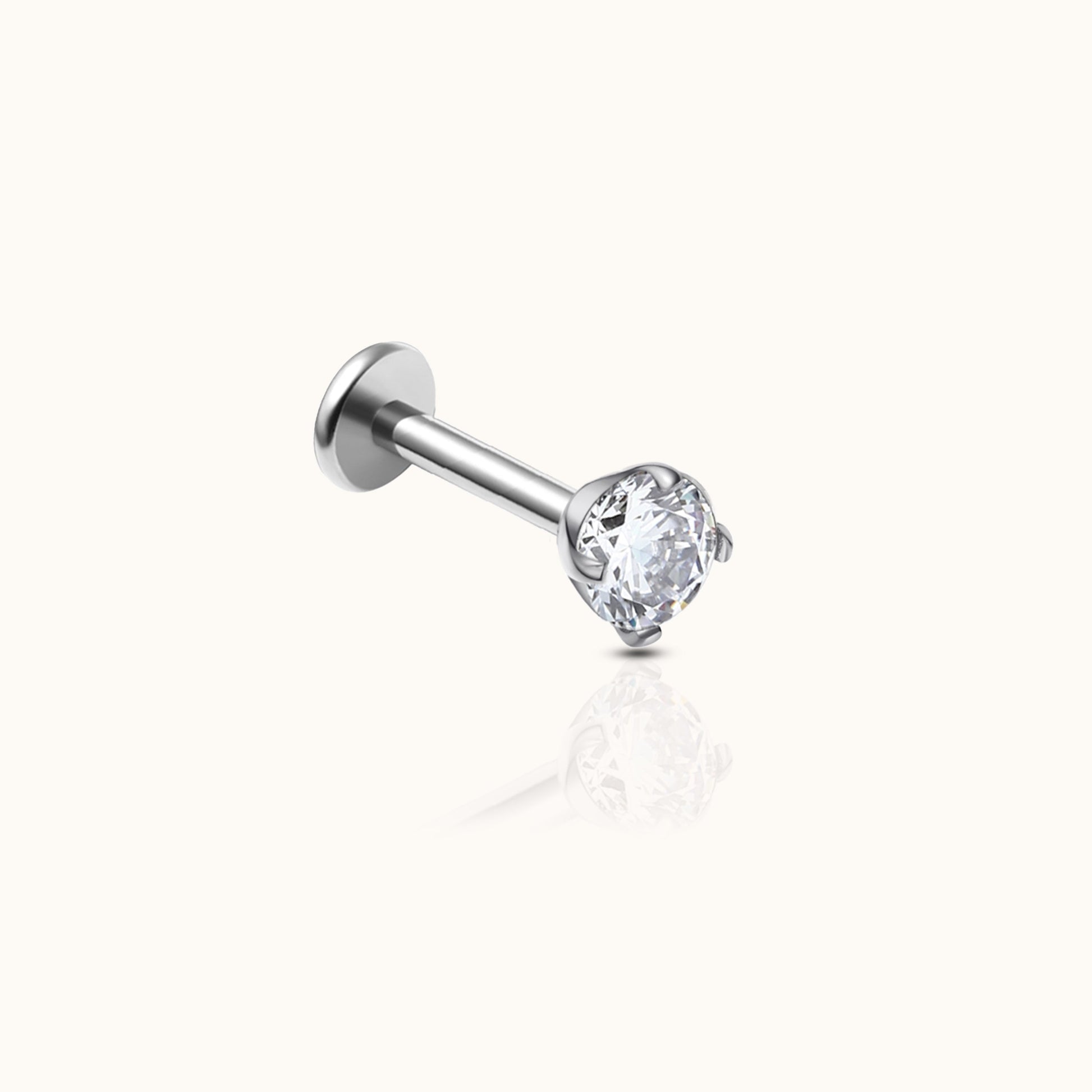 Classic White CZ 3mm Silver Color Threadless Labret Titanium Flat Back Nap Earring by Doviana