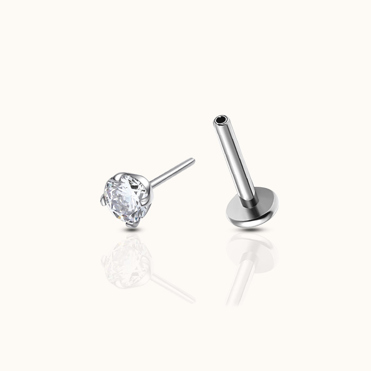 Classic White CZ 3mm Silver Color Threadless Labret Titanium Flat Back Nap Earring by Doviana