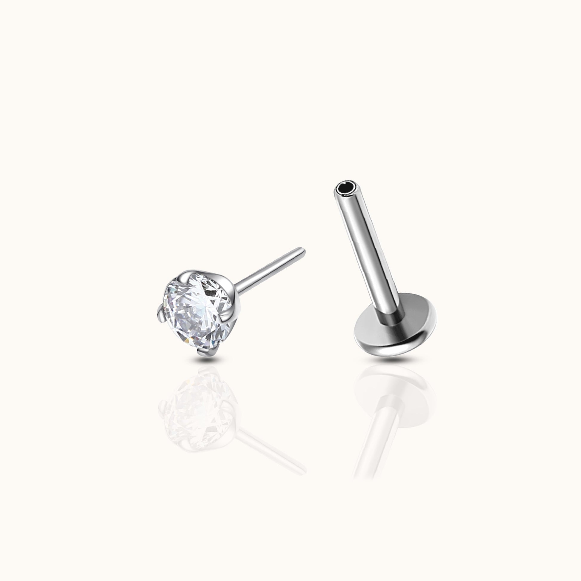Classic White CZ 3mm Silver Color Threadless Labret Titanium Flat Back Nap Earring by Doviana