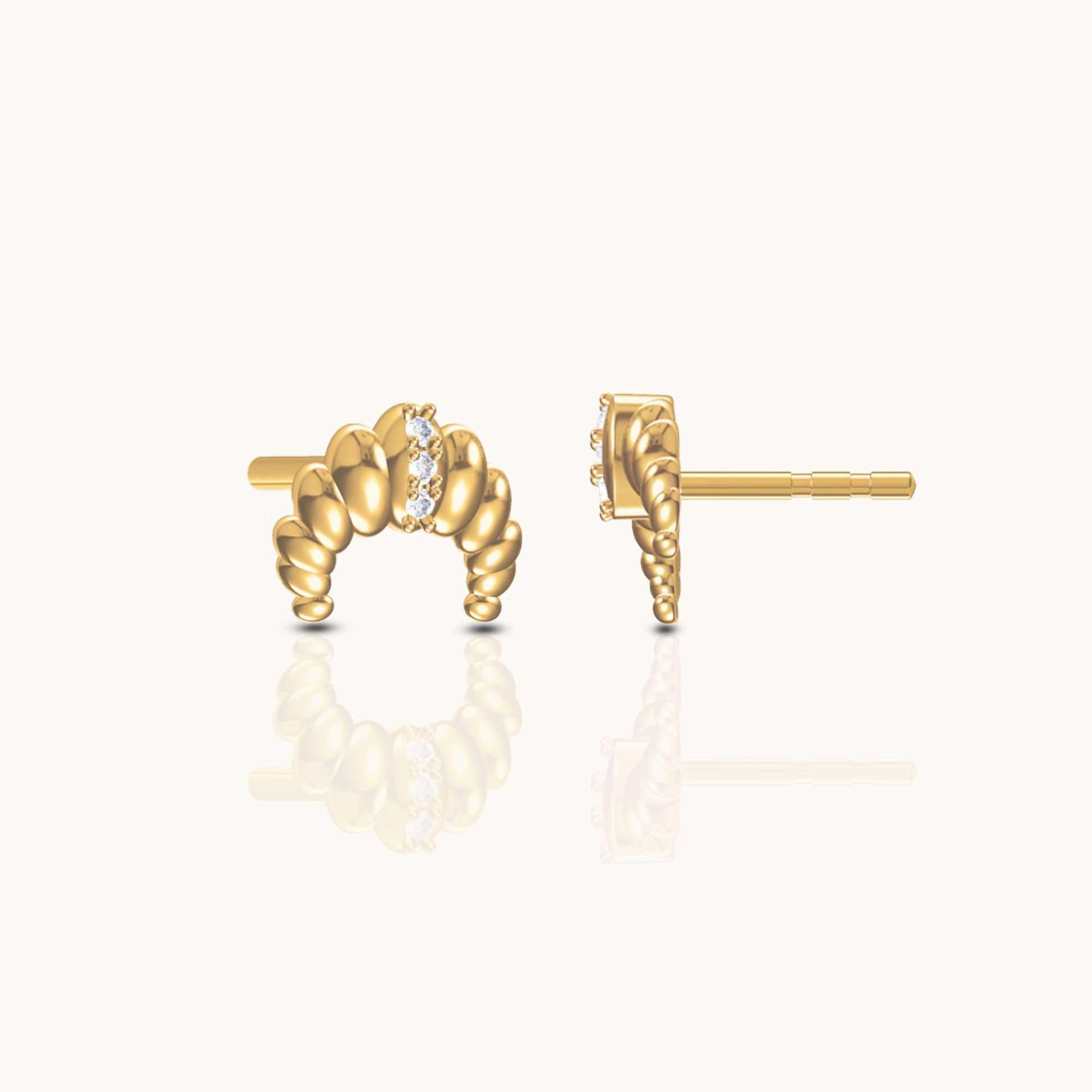 18K Gold Croissant Dainty CZ Dome Stud Earrings by Doviana