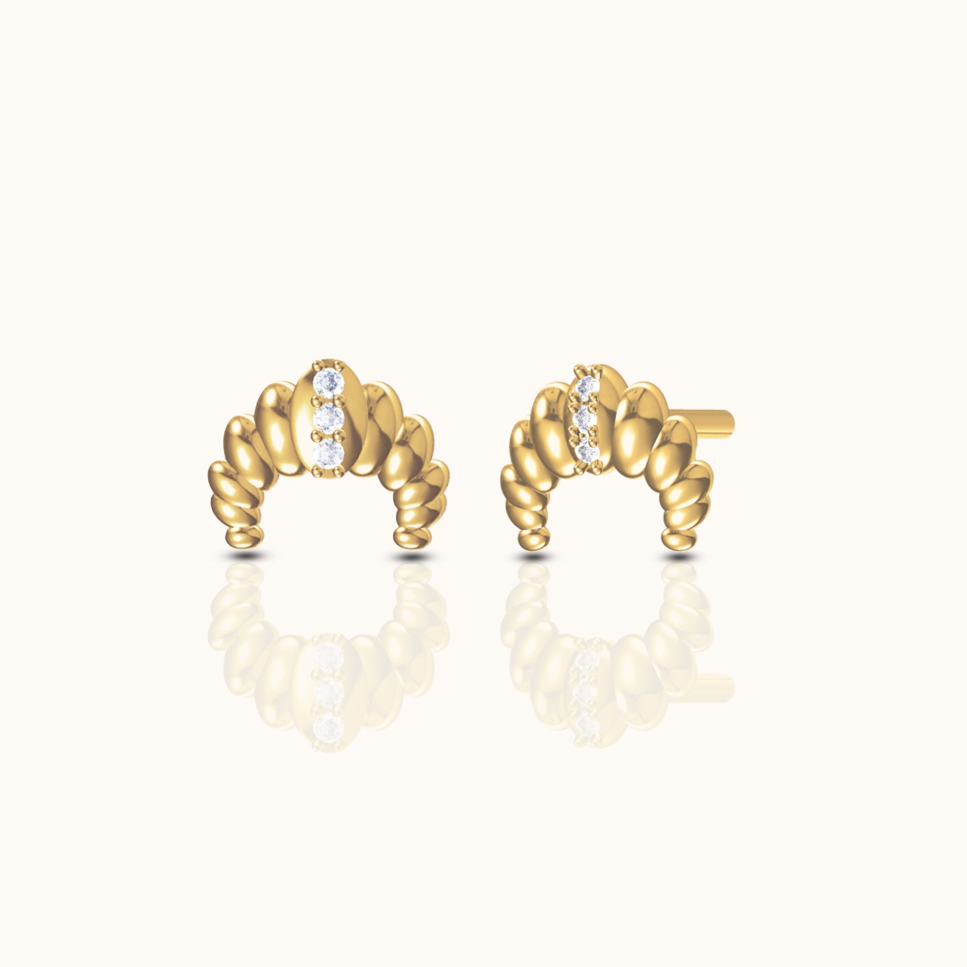 18K Gold Croissant Dainty CZ Dome Stud Earrings by Doviana