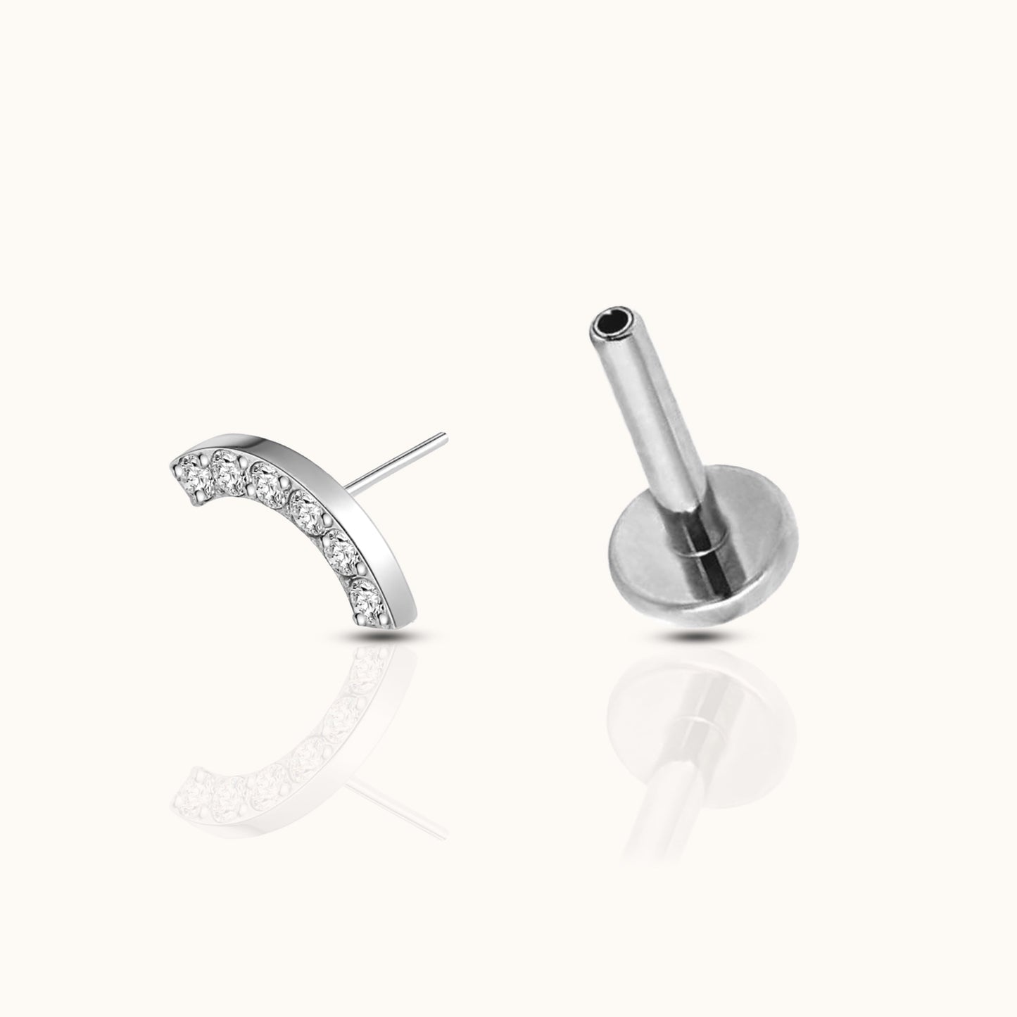 Smiley Curved Bridge White CZ Threadless Labret Titanium Flat Back Nap Earring by Doviana