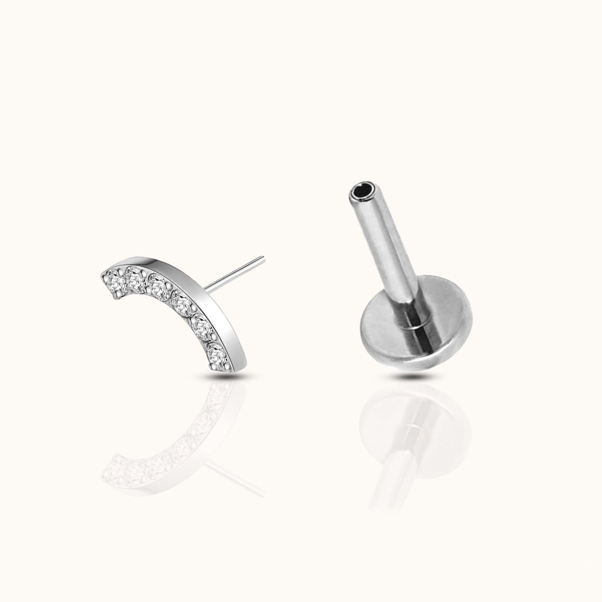 Smiley Curved Bridge White CZ Threadless Labret Titanium Flat Back Nap Earring by Doviana