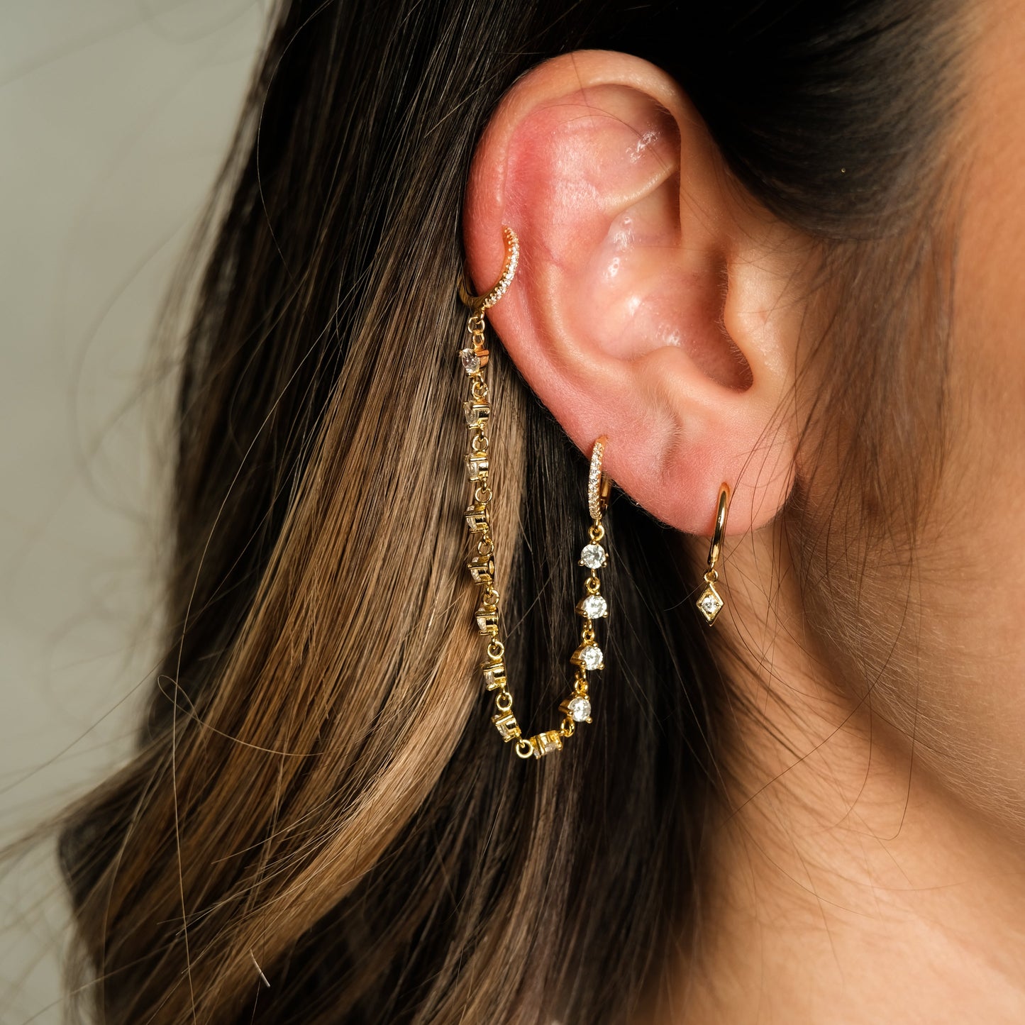Bezel Drop CZ Earrings 18K Gold Plated White Zirconia Charm Drop Stackable Dangling Huggie Hoops by Doviana