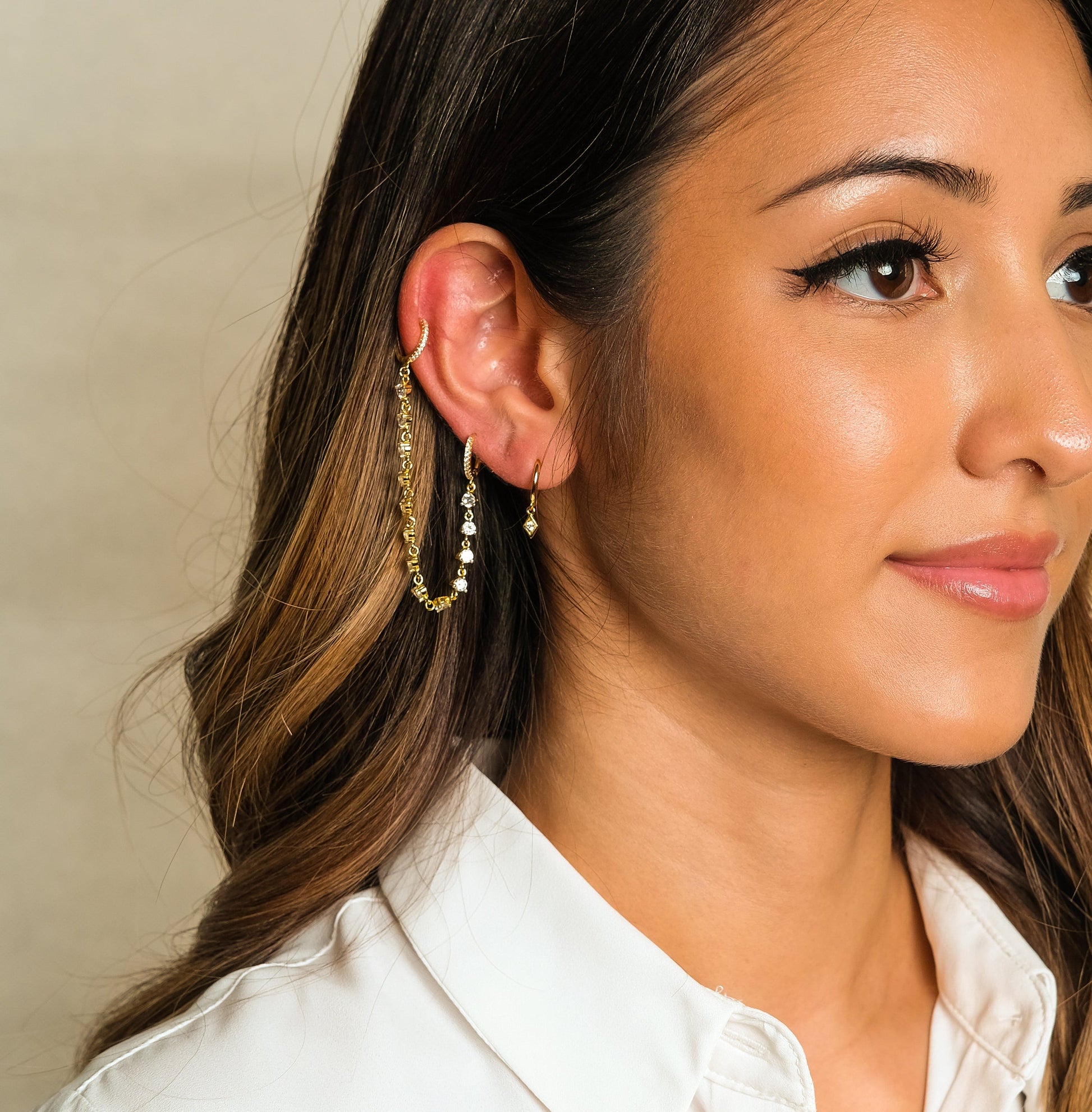 CZ Chain Double Hoop Earrings Gold Dangle Crystal Zirconia Embellished Hoops by Doviana