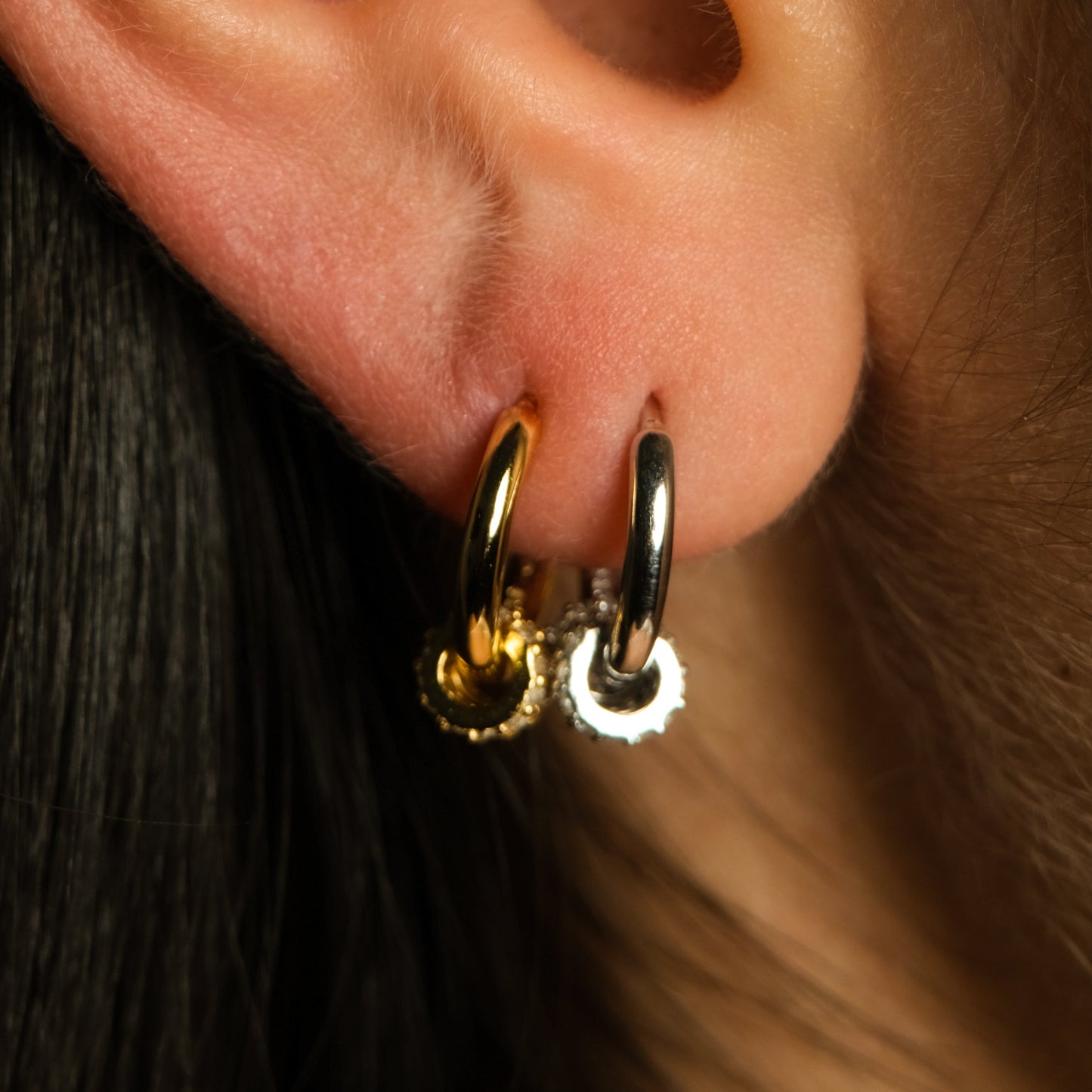 Deco Gold Tiny Round Charm Drop CZ Pave Triple Circle Drop Hoop Earrings by Doviana