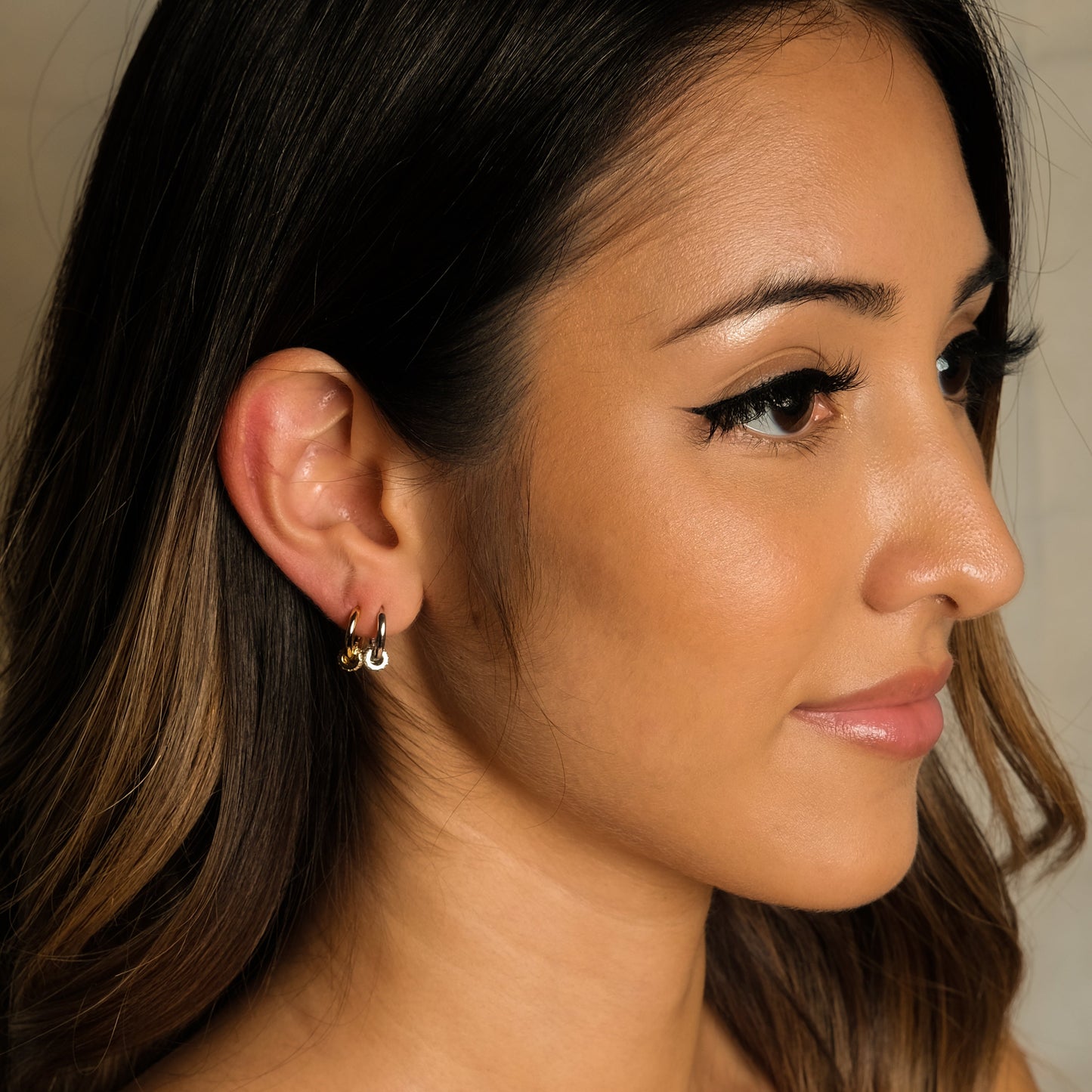 Deco Gold Tiny Round Charm Drop CZ Pave Triple Circle Drop Hoop Earrings by Doviana
