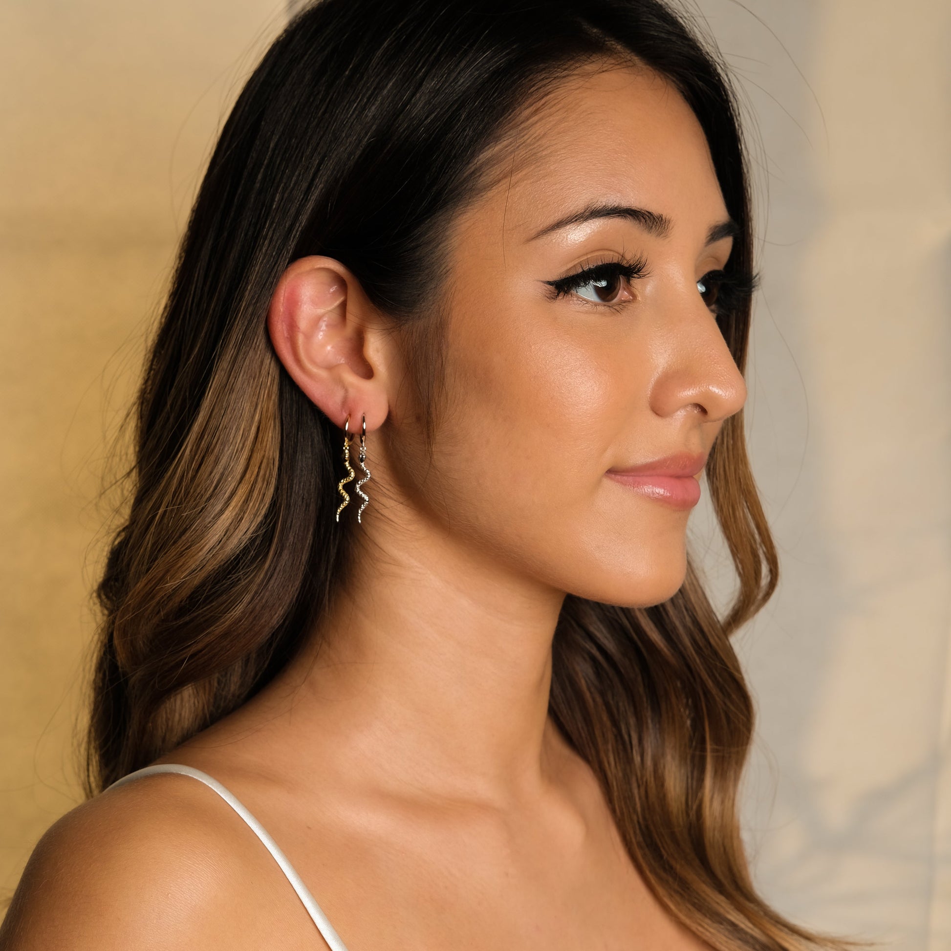 Serpent Charm Long Drop Large Gold Snake Dangle Huggie Hoop Earrings by Doviana