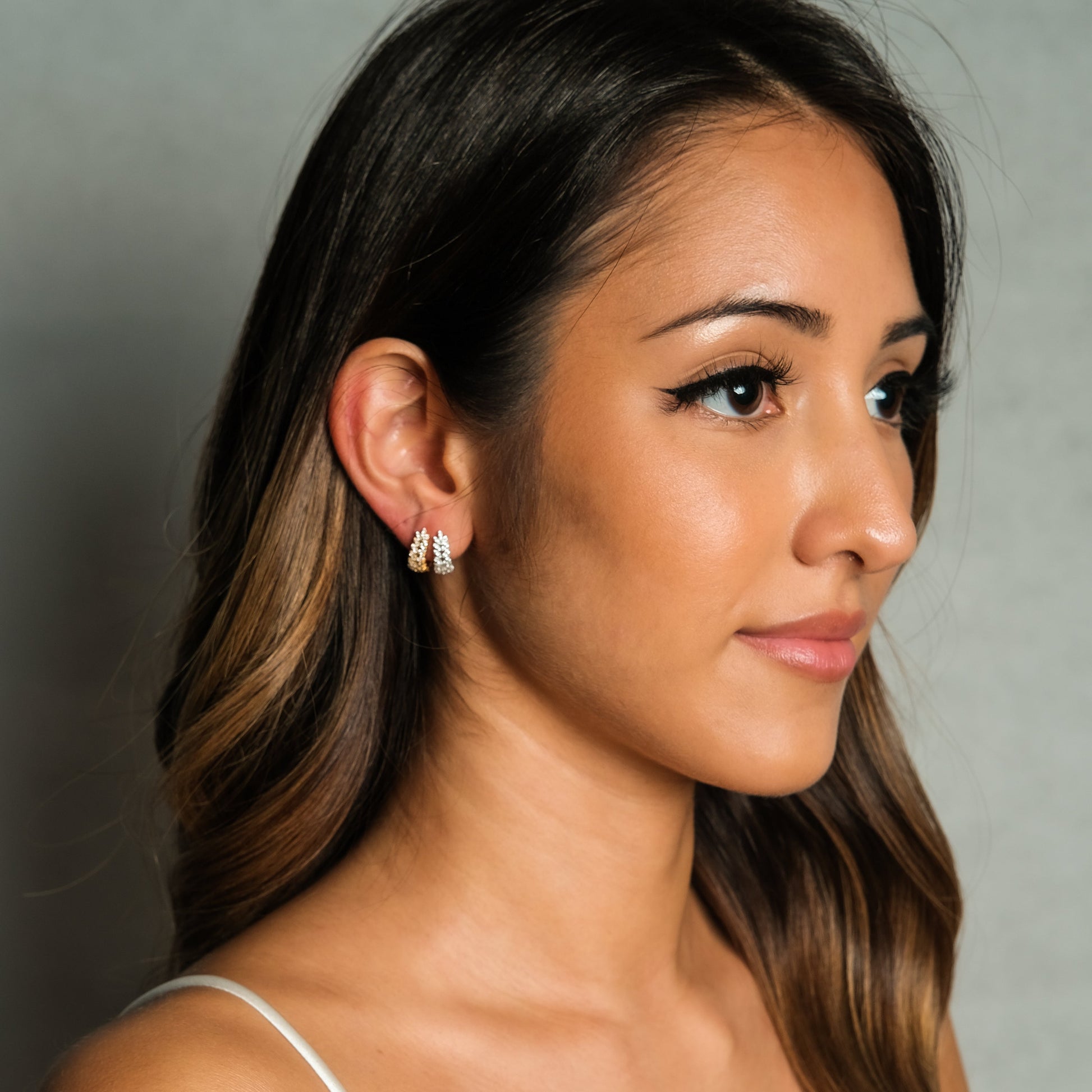 Gold Wheat CZ Hoop Earrings Thick Elegant Design Chunky Huggie Hoops by Doviana