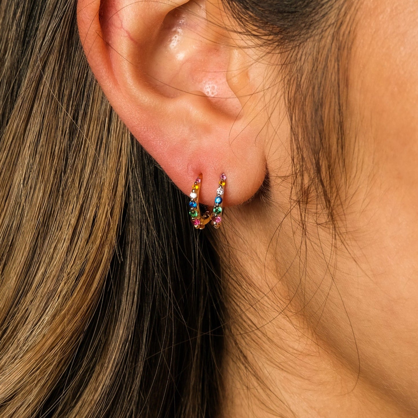 Multicolored CZ Tiny Hoop Earrings Rainbow Shiny 18K Gold Huggie Hoops by Doviana