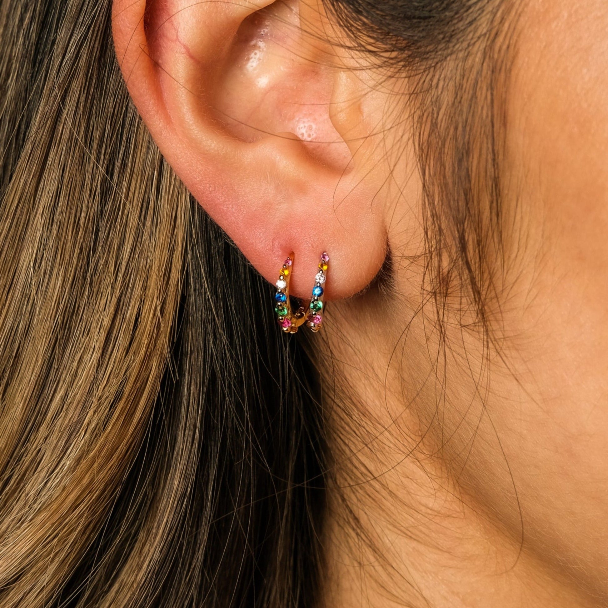 Multicolored CZ Tiny Hoop Earrings Rainbow Shiny 18K Gold Huggie Hoops by Doviana