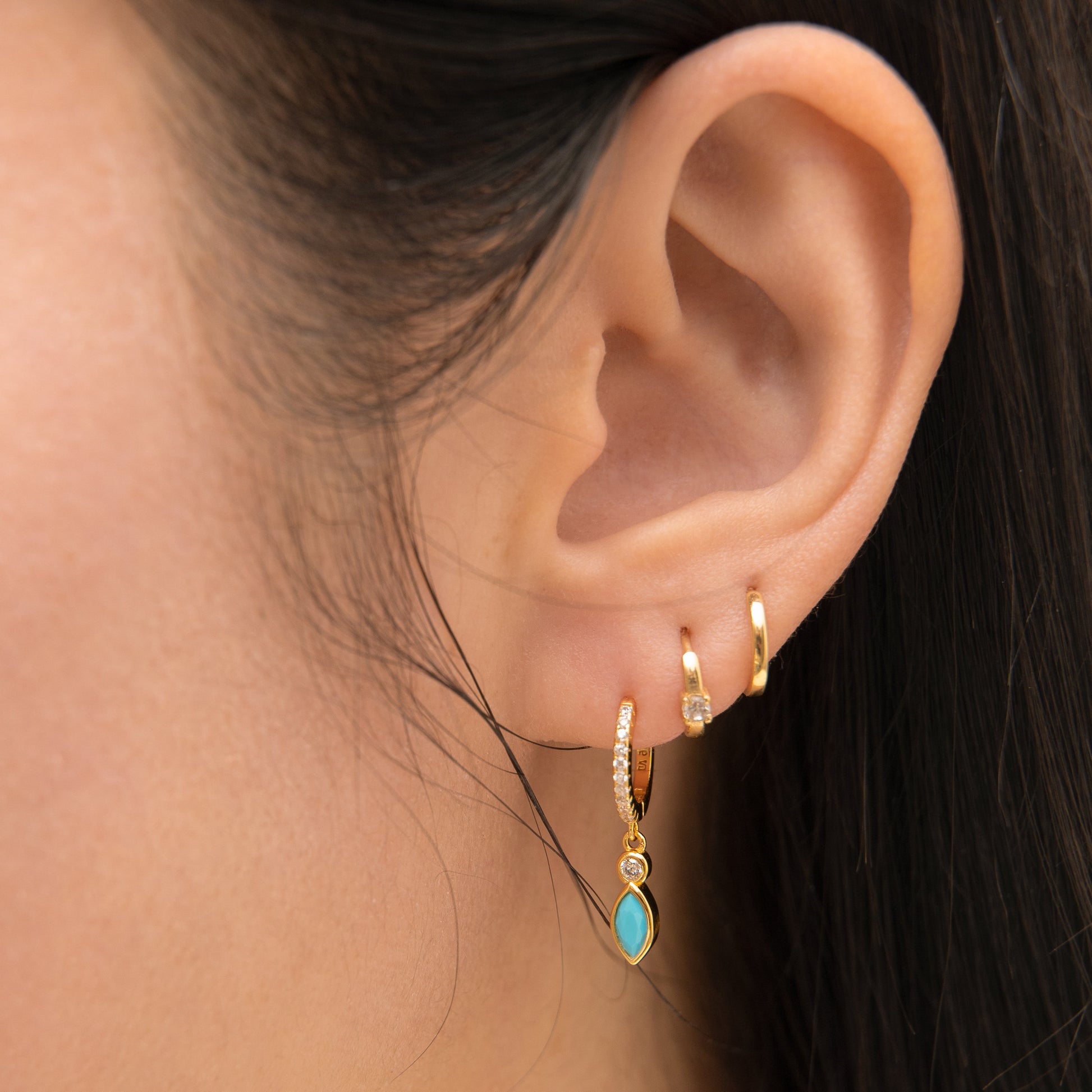 Oval Turquoise Drop CZ Pave Gold Hoop Earrings by Doviana
