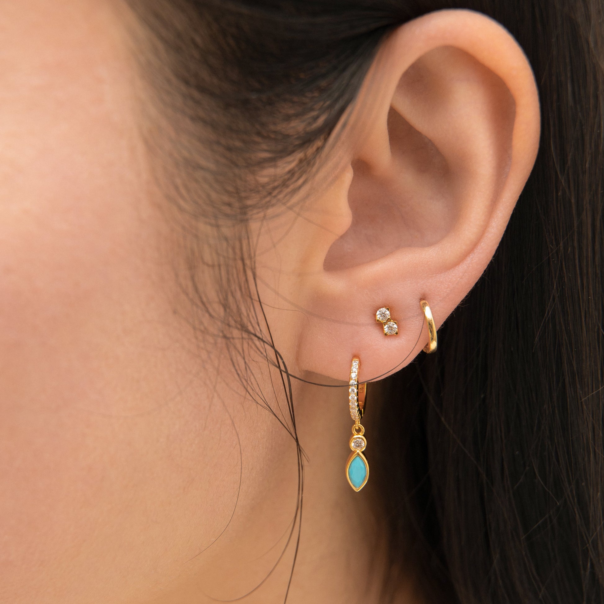 Oval Turquoise Drop CZ Pave Gold Hoop Earrings by Doviana