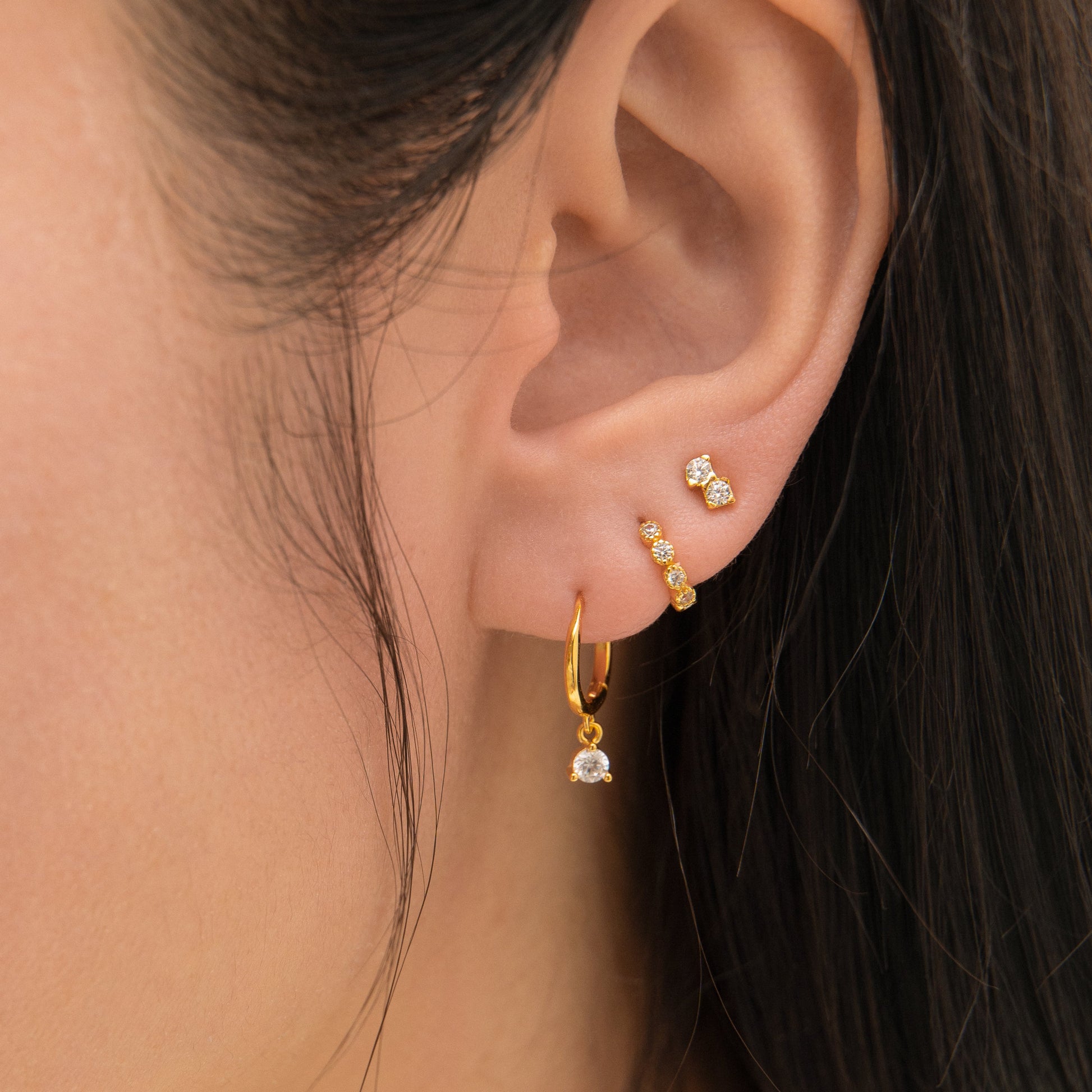Classic Petite Diamond Charm Drop Gold Huggie Tiny CZ Dangle Hoops Earrings by Doviana