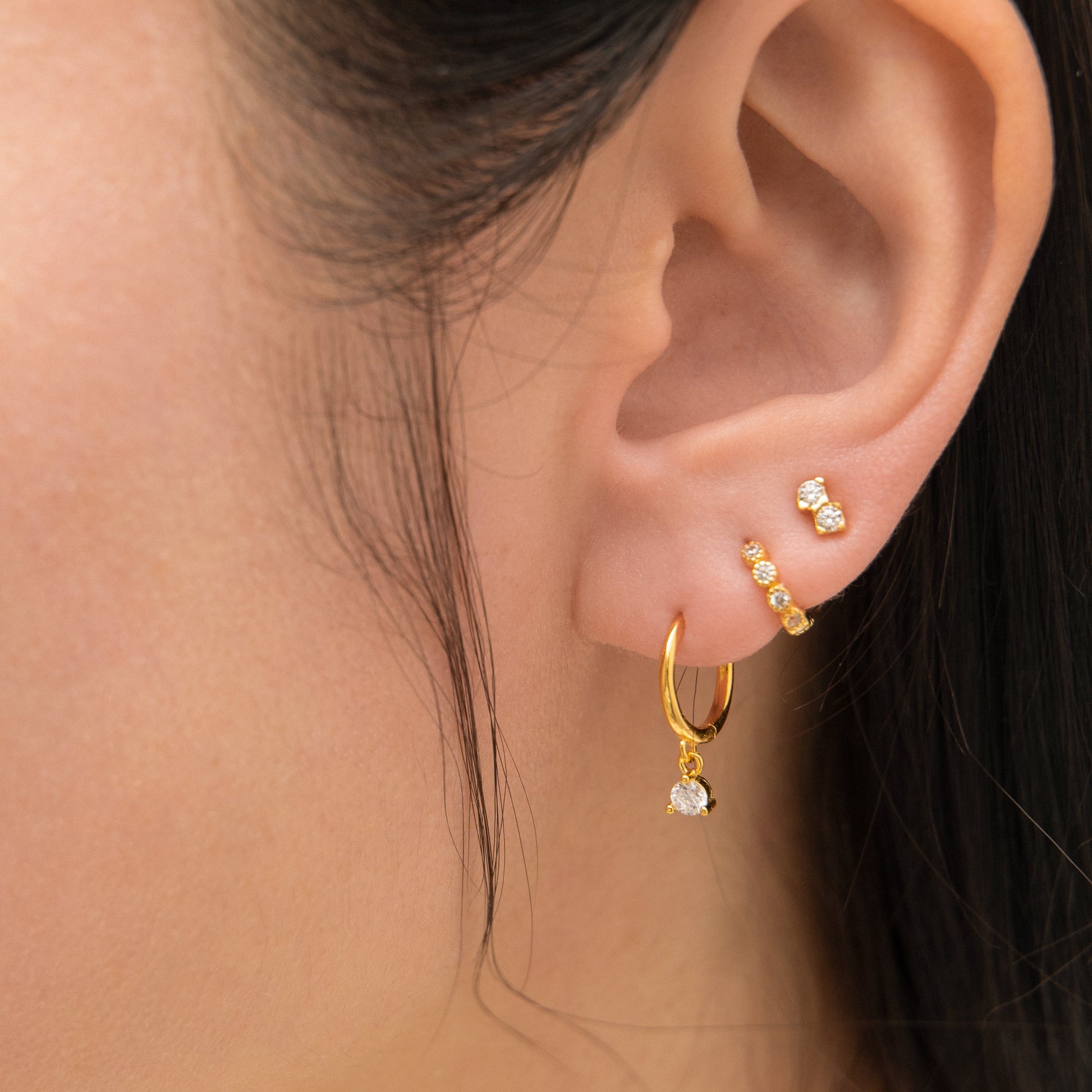 Classic Petite Diamond Charm Drop Gold Huggie Tiny CZ Dangle Hoops Earrings by Doviana