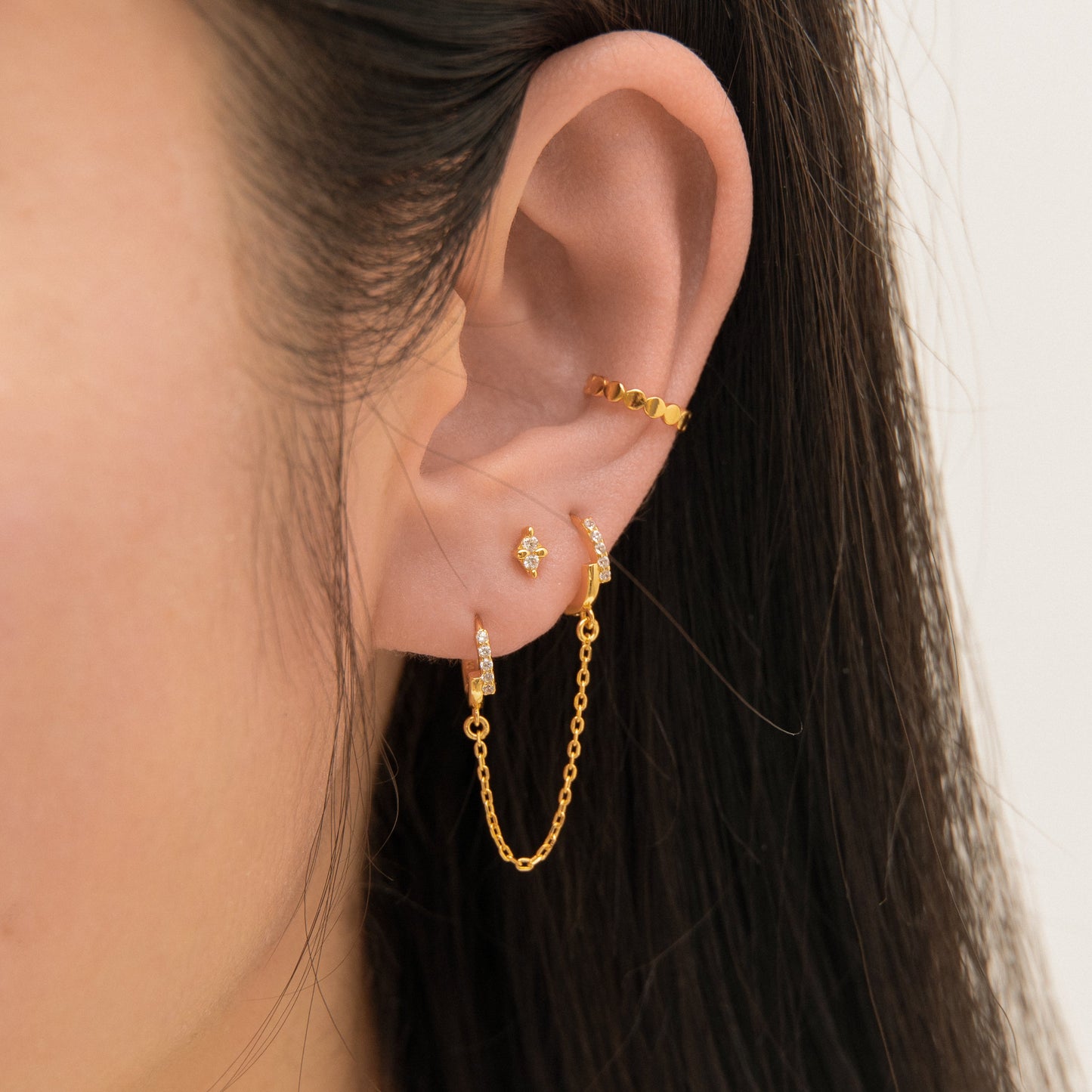 Single Gold Overlap CZ Pave Double Hoop Chain Dangle Earring by Doviana