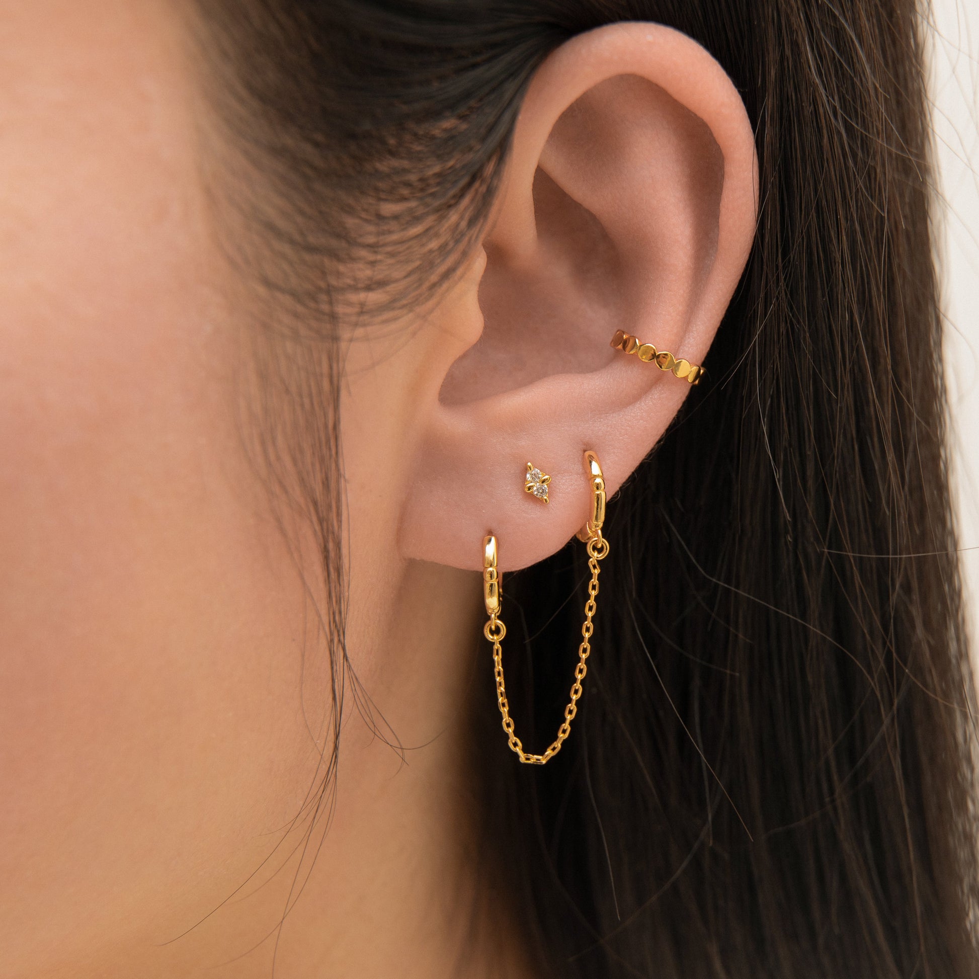 Single Gold Bead Double Hoop Chain Dangle Earring by Doviana