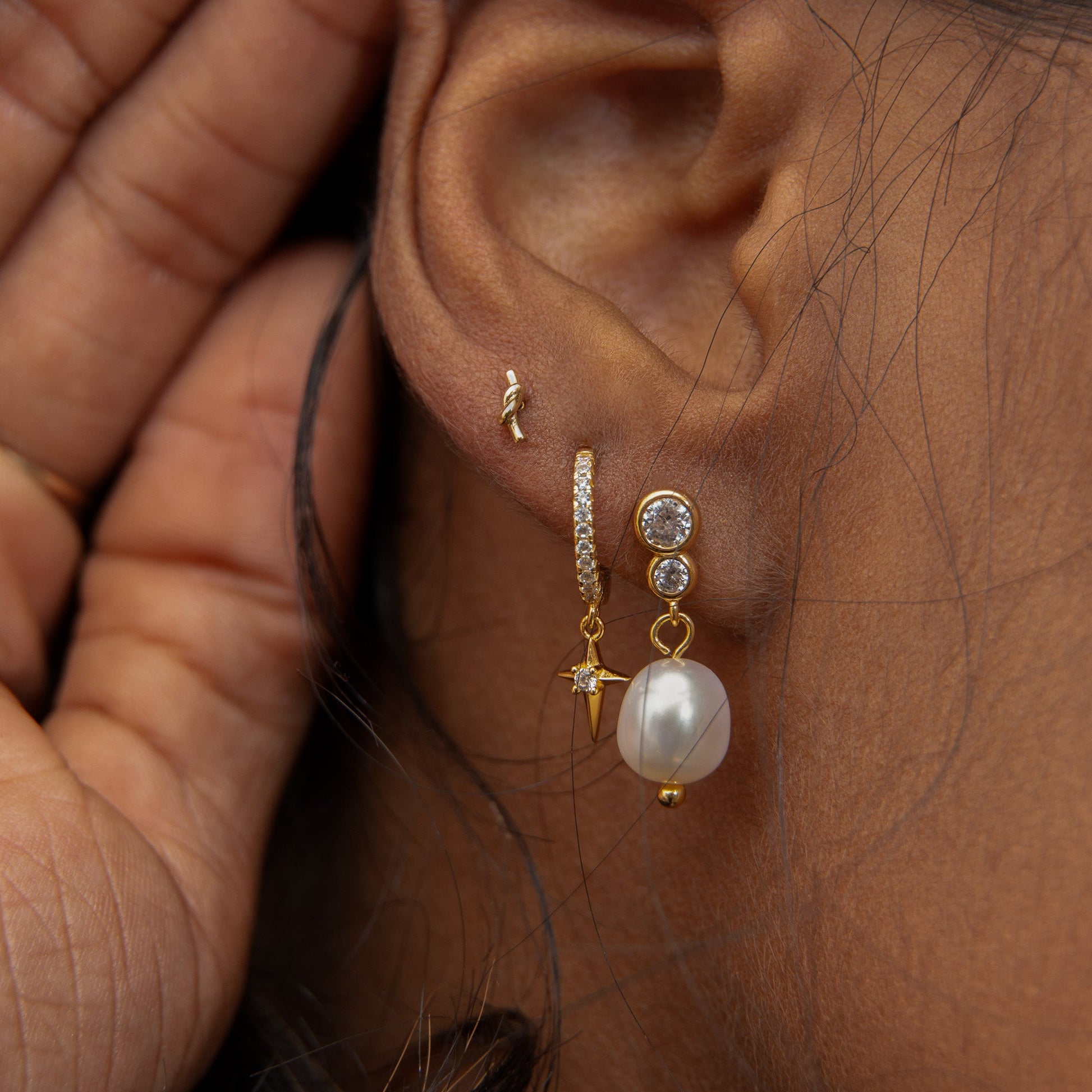 Dangle Natural Pearl CZ Bezel Bar Drop Bridal Stud Earrings in 18K Gold by DOVIANA