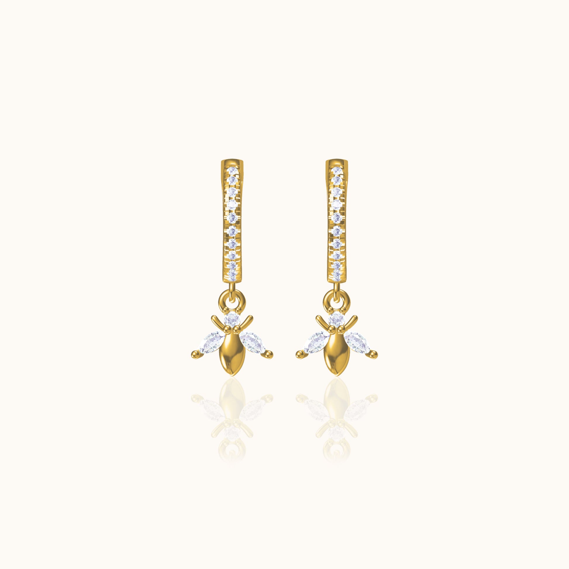 Tiny Gold Bumble Bee Dangle Drop Dainty Bee Hoop Earrings with White Stone by Doviana