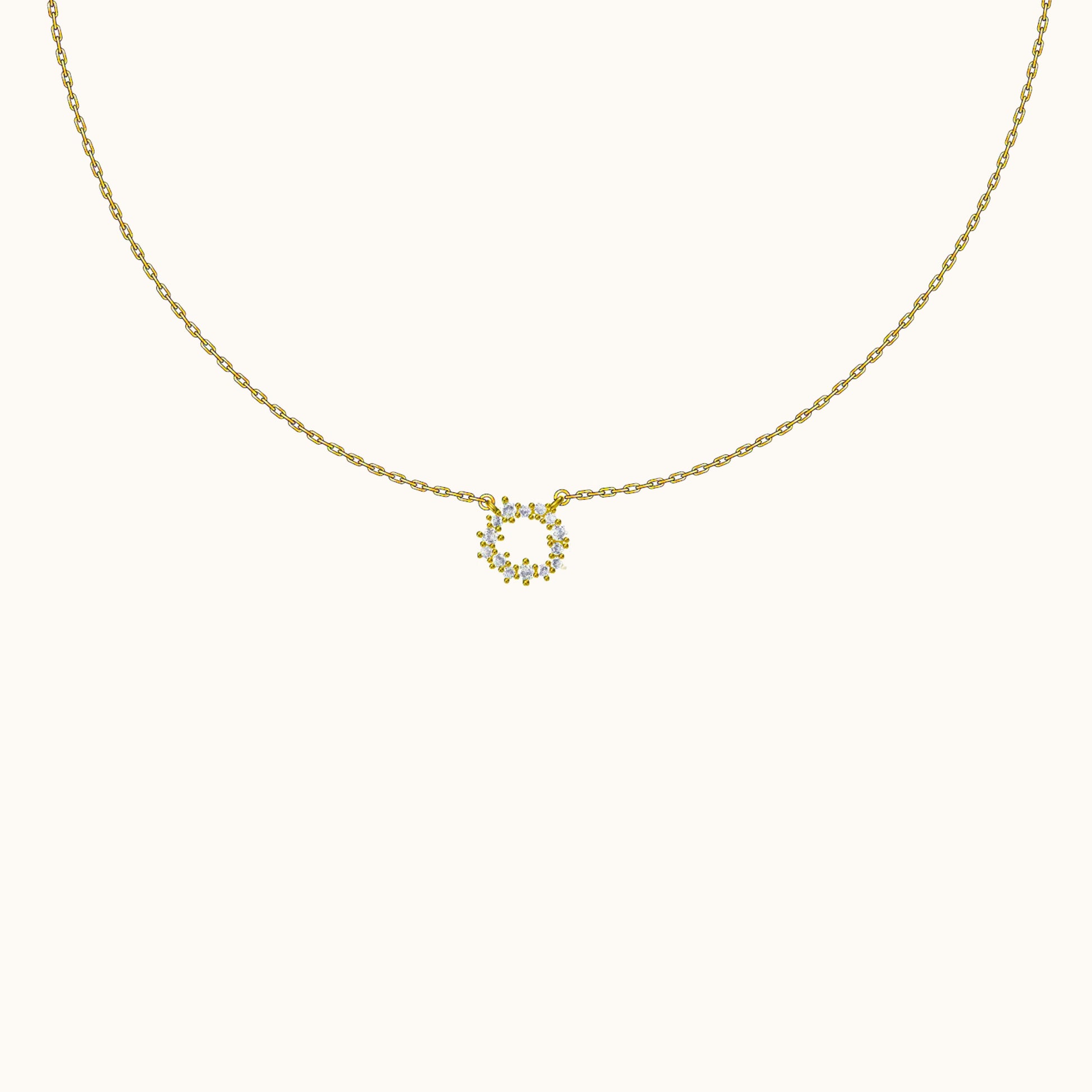 Dainty Gold Circle Petite Charm Dangle Round Pendant Floral CZ Necklace by Doviana