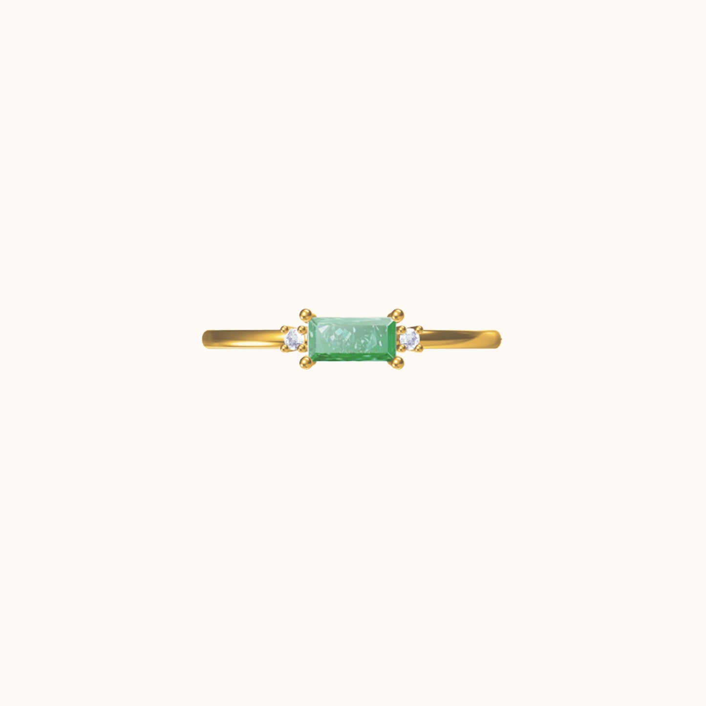 Gold Slim Band Stacker Delicate Solitaire Emerald Cut Green CZ Ring by Doviana