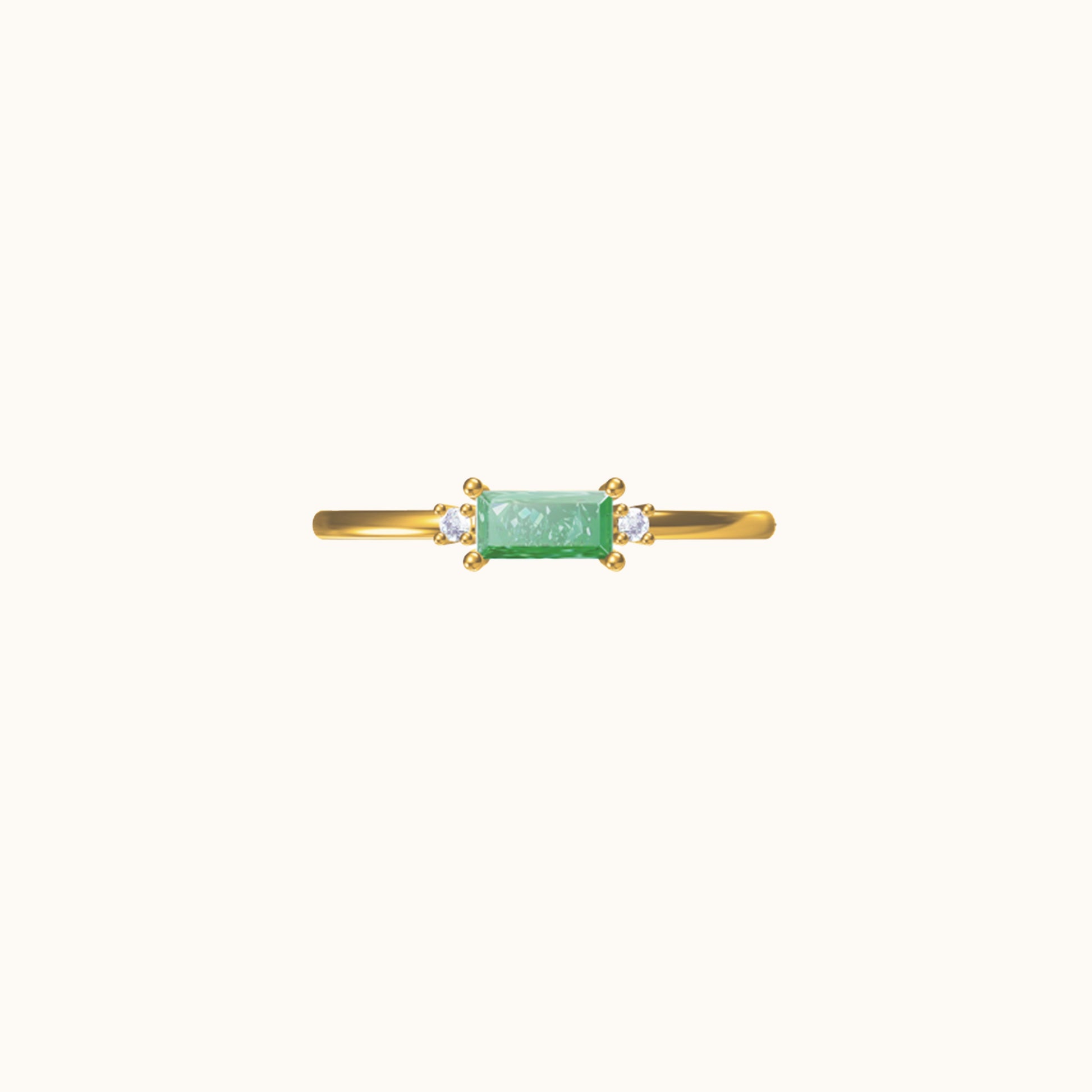 Gold Slim Band Stacker Delicate Solitaire Emerald Cut Green CZ Ring by Doviana