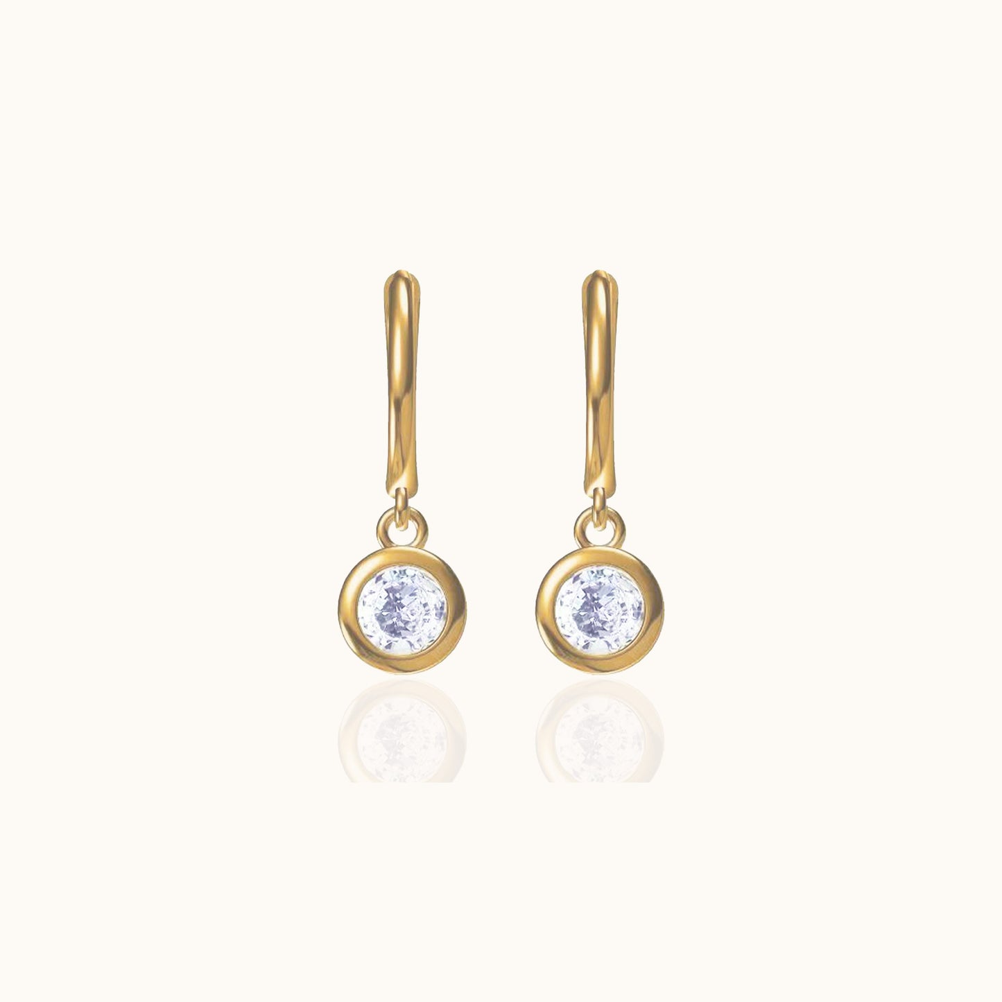Tiny CZ Bezel Drop Earrings Gold Round Crystal Dangle Charm Huggie Hoops by Doviana