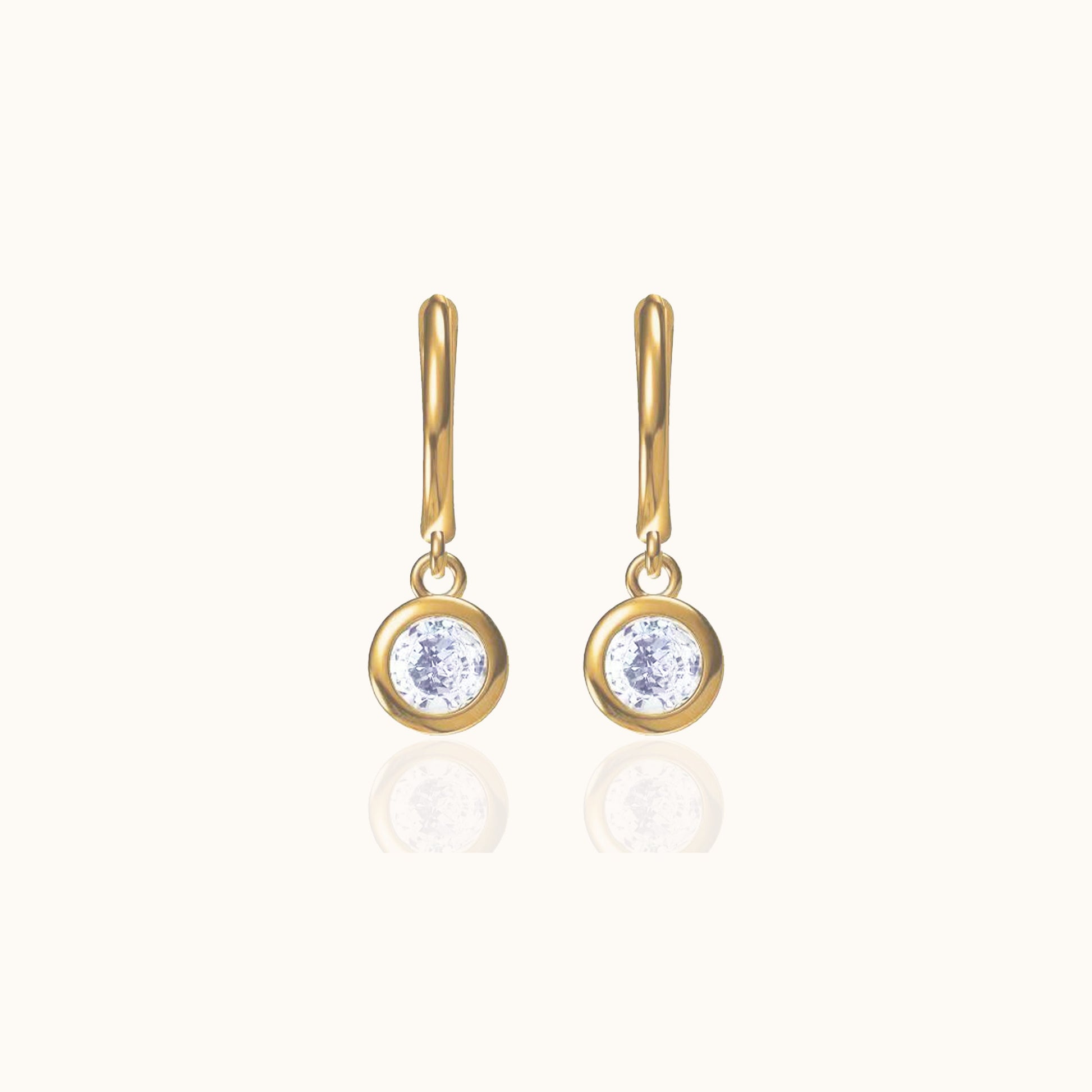Tiny CZ Bezel Drop Earrings Gold Round Crystal Dangle Charm Huggie Hoops by Doviana