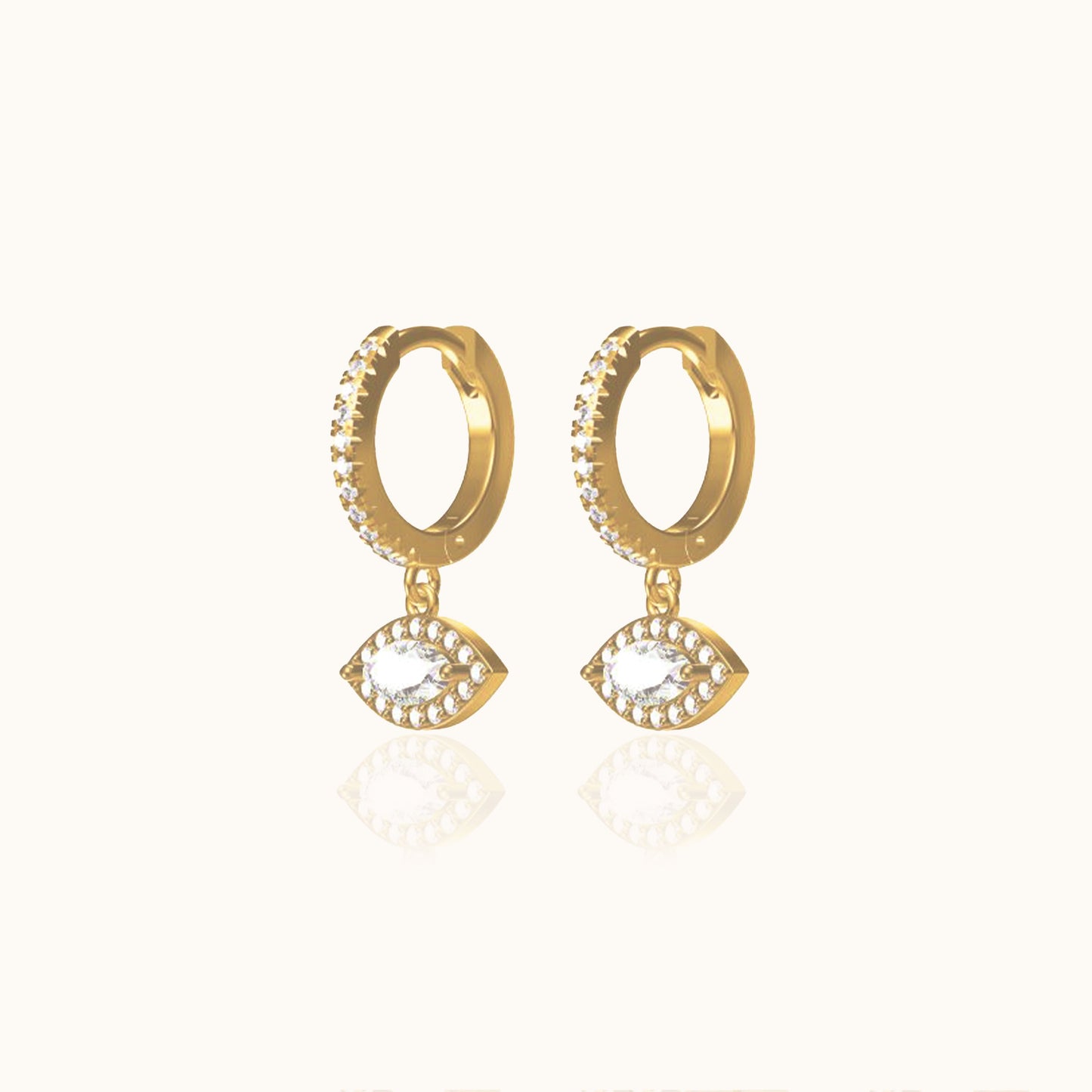 Gold Protector Wide White Eye Dangle Eye CZ Pave Huggie Hoop Earrings by Doviana