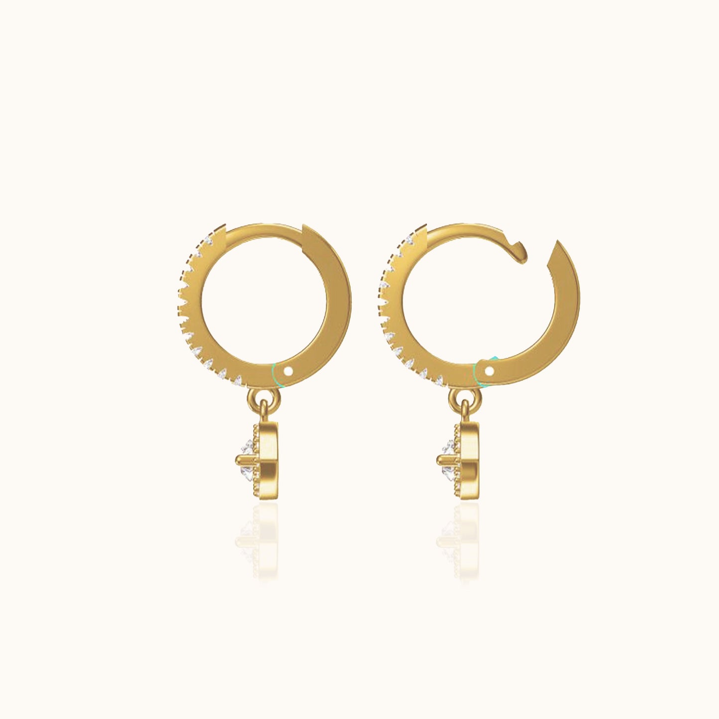 Gold Protector Wide White Eye Dangle Eye CZ Pave Huggie Hoop Earrings by Doviana