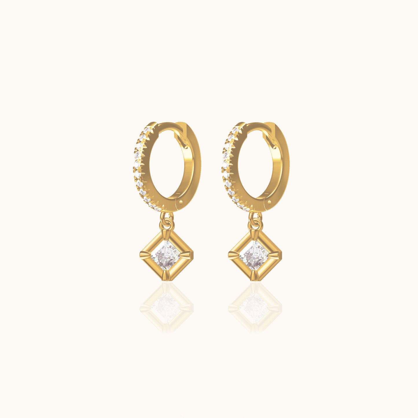Diamond Shape Square Dangle CZ Pave Gold Huggie Hoop Earrings by Doviana