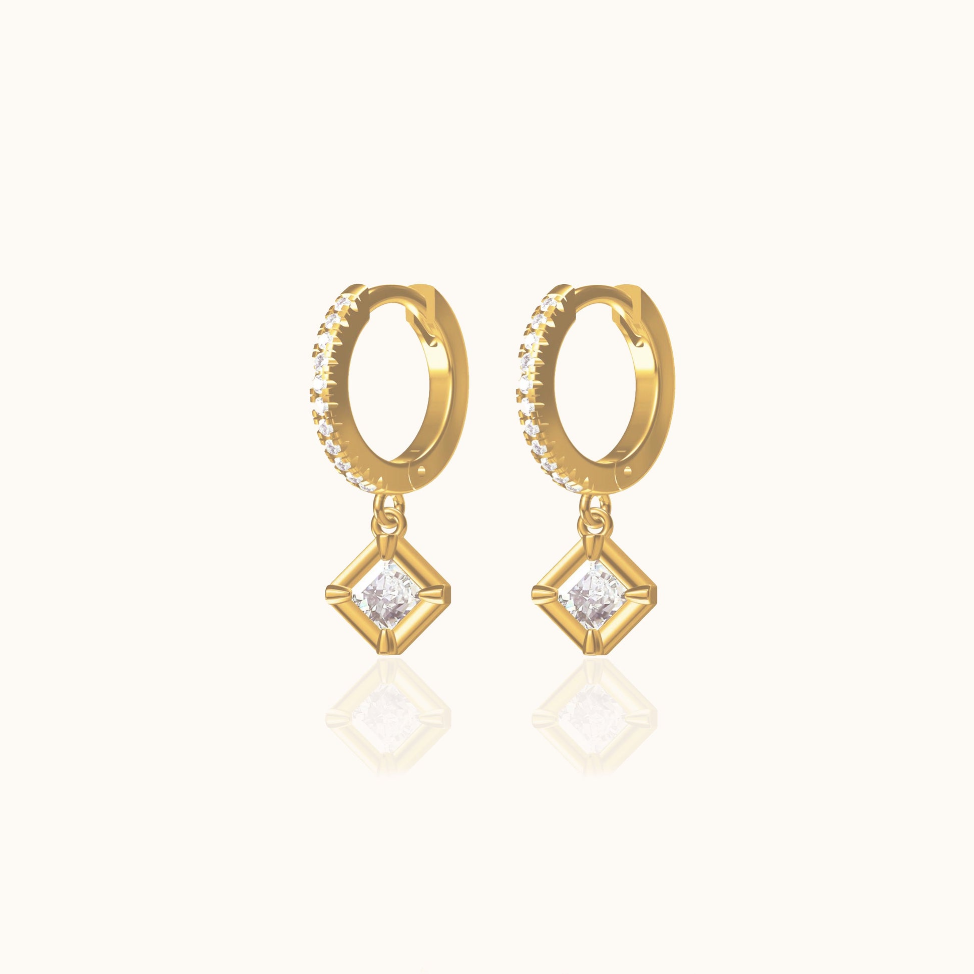 Diamond Shape Square Dangle CZ Pave Gold Huggie Hoop Earrings by Doviana