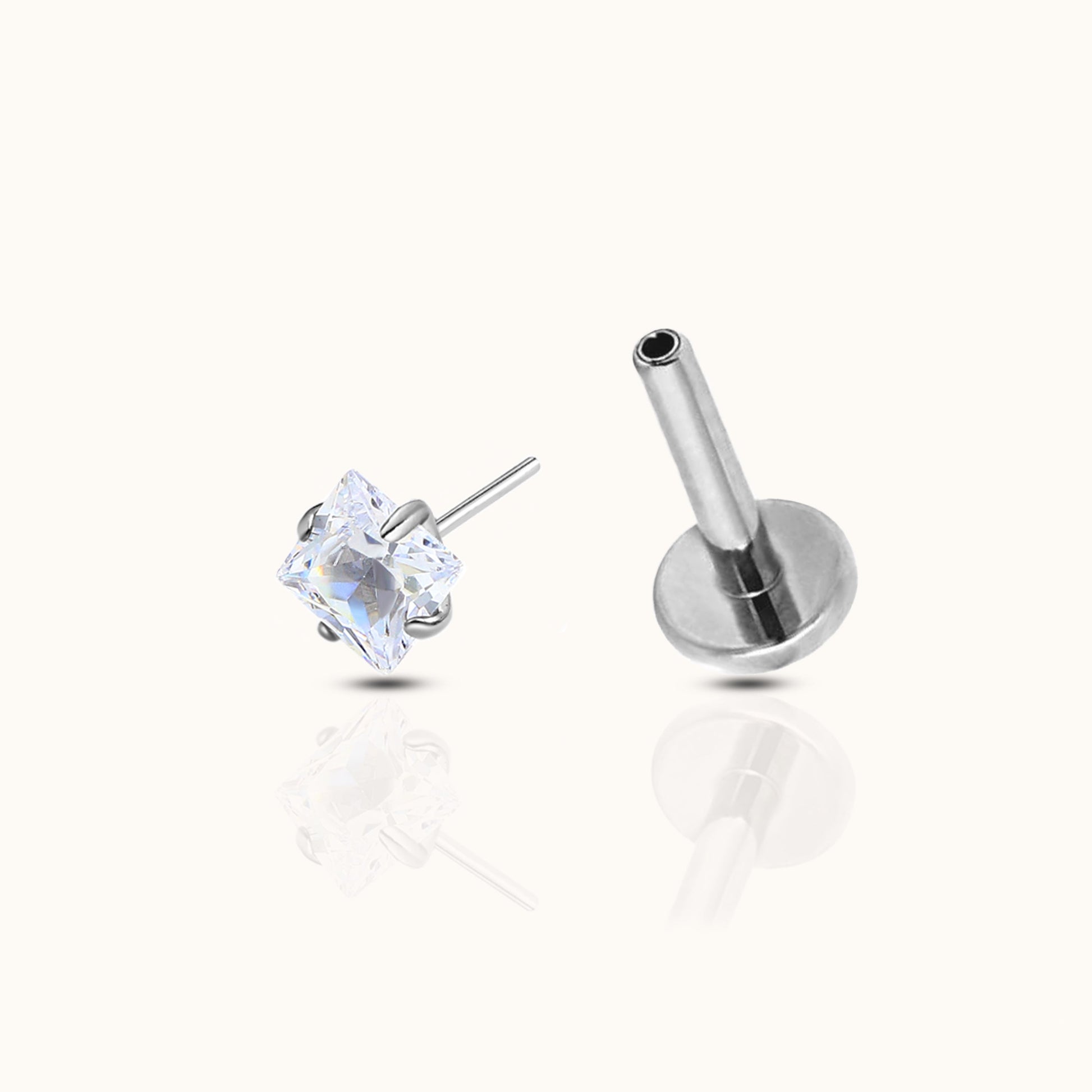 Diamond Shaped Square CZ Threadless Labret Titanium Flat Back Nap Earring by Doviana