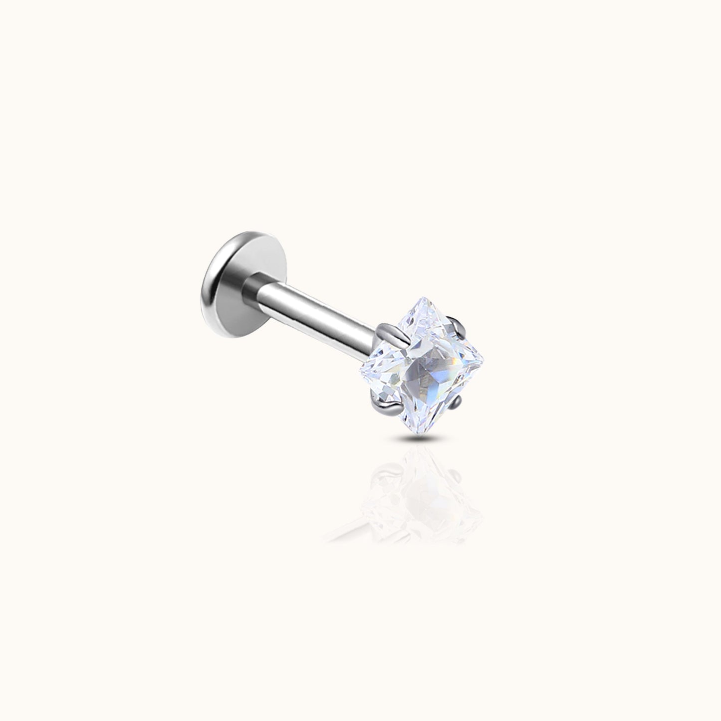 Diamond Shaped Square CZ Threadless Labret Titanium Flat Back Nap Earring by Doviana