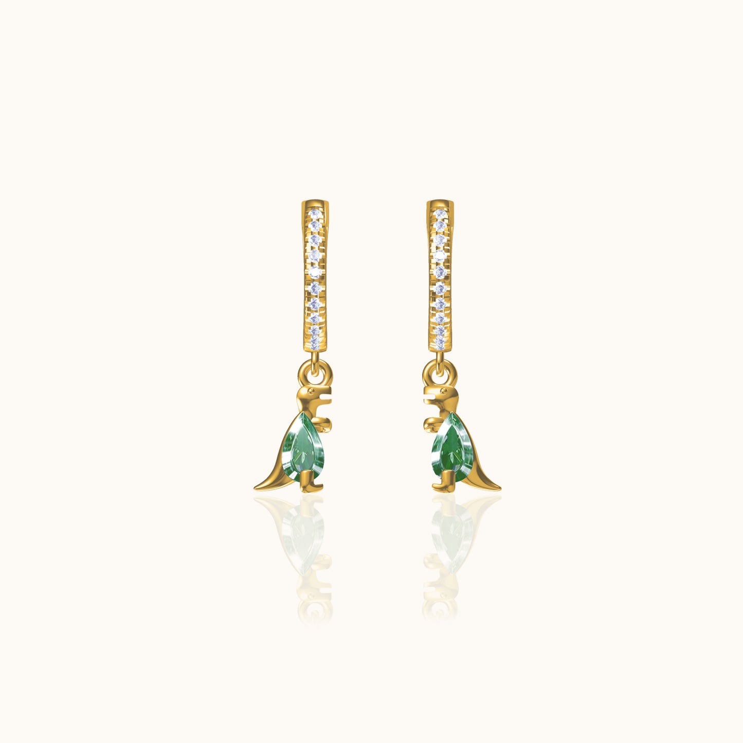 Animal Theme Green Stone CZ Drop Gold Dinosaur Dangle Huggie Hoop Earrings by Doviana