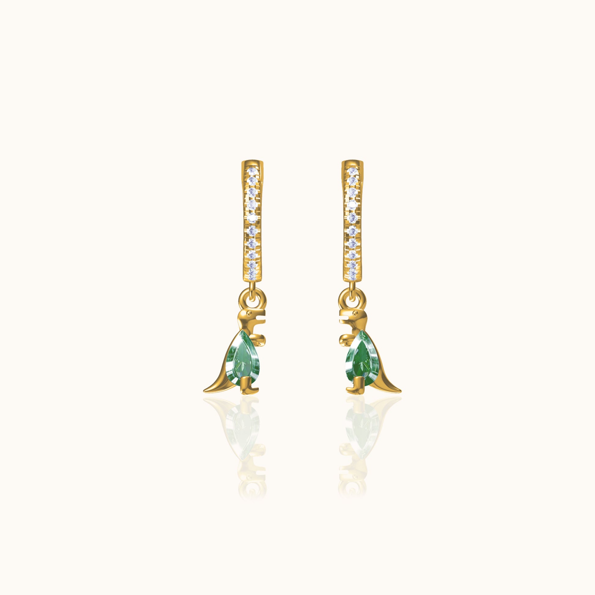 Animal Theme Green Stone CZ Drop Gold Dinosaur Dangle Huggie Hoop Earrings by Doviana