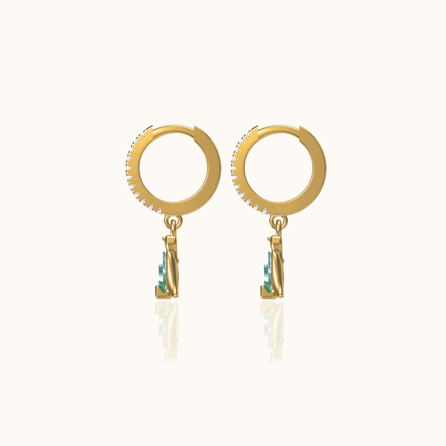 Animal Theme Green Stone CZ Drop Gold Dinosaur Dangle Huggie Hoop Earrings by Doviana
