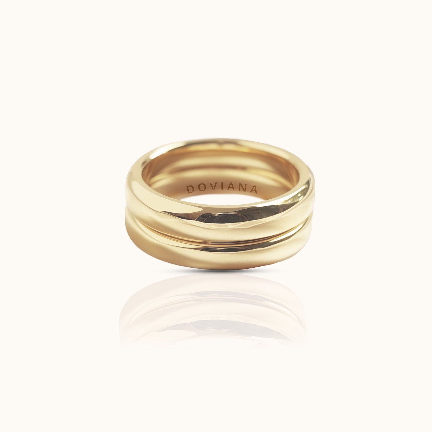 Double Layer Chunky Band Titanium PVD Gold Ring by DOVIANA